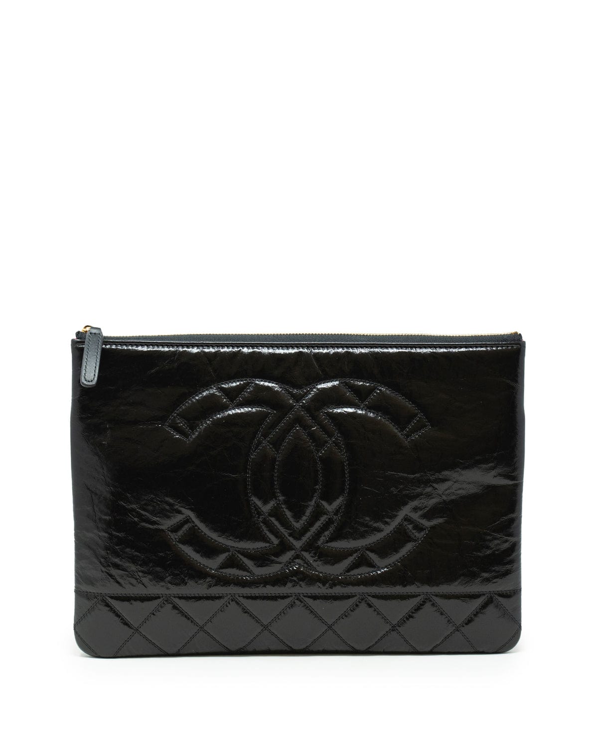 Chanel Chanel Black Patent Leather CC Quilted Clutch Pouch - AGL1717