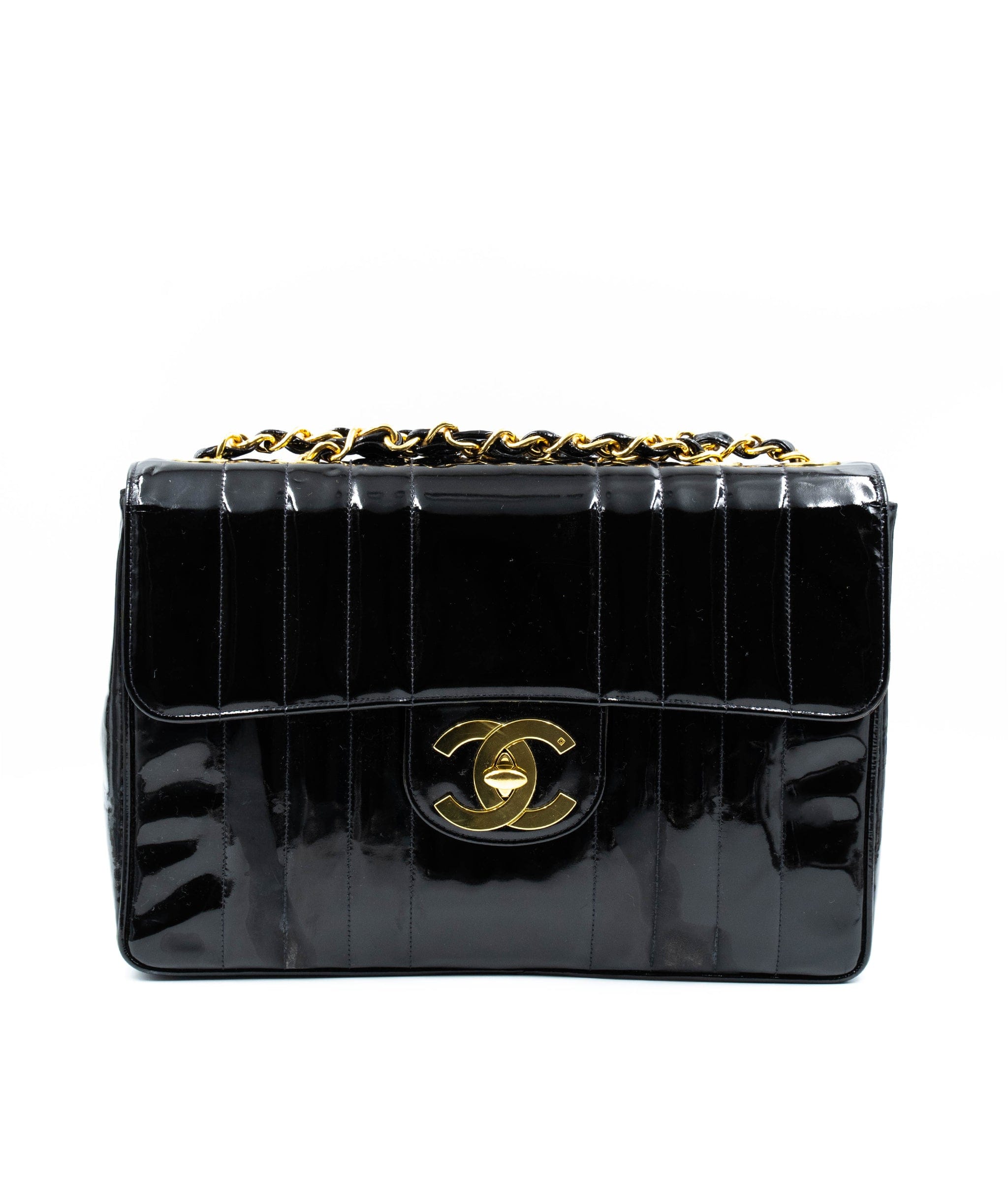 Chanel Chanel Black Patent Mademoiselle Jumbo bag with Gold Hardware - AGL2168