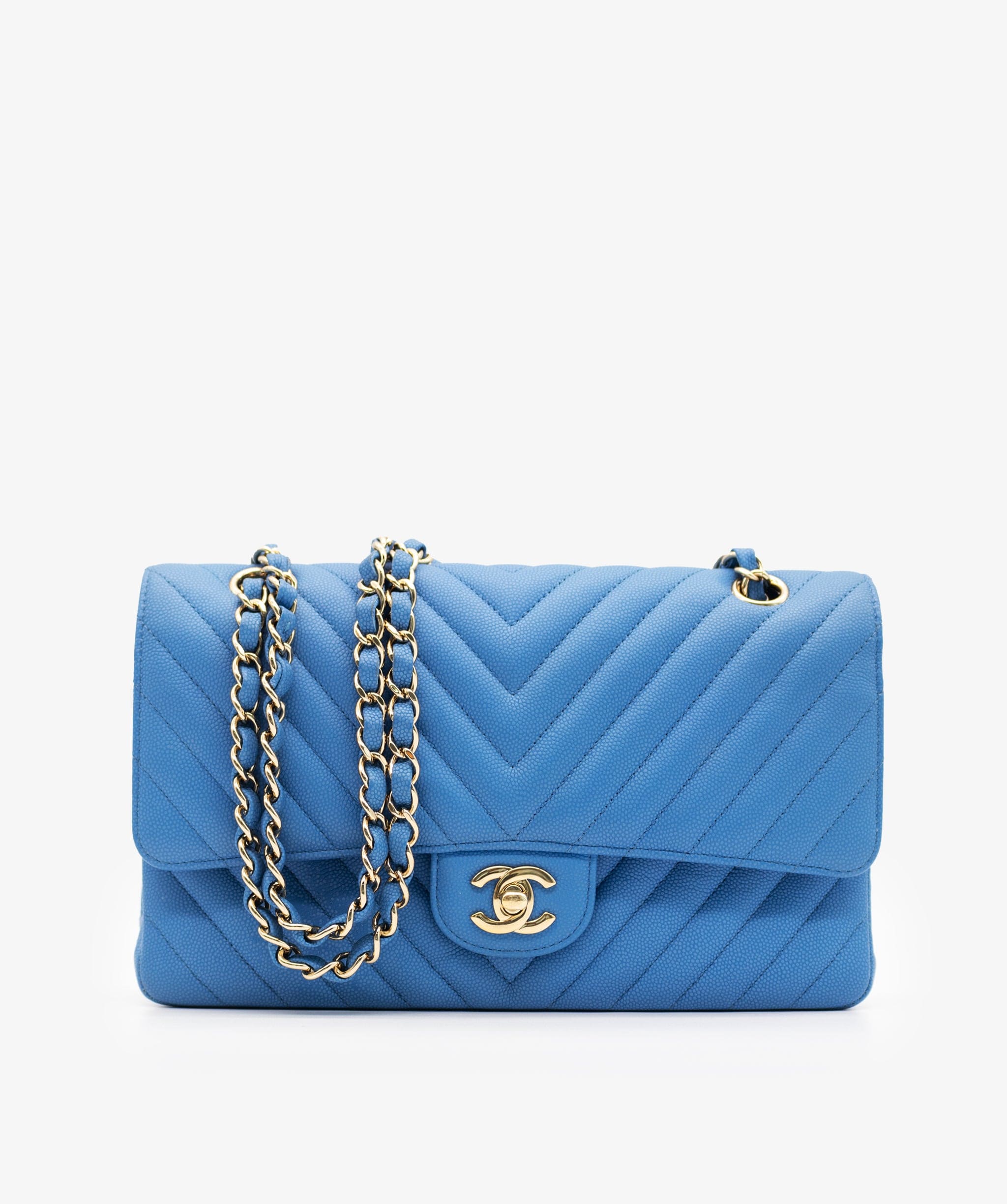 Chanel Chanel Blue Chevron Medium Double Flap with GHW- ASL3929