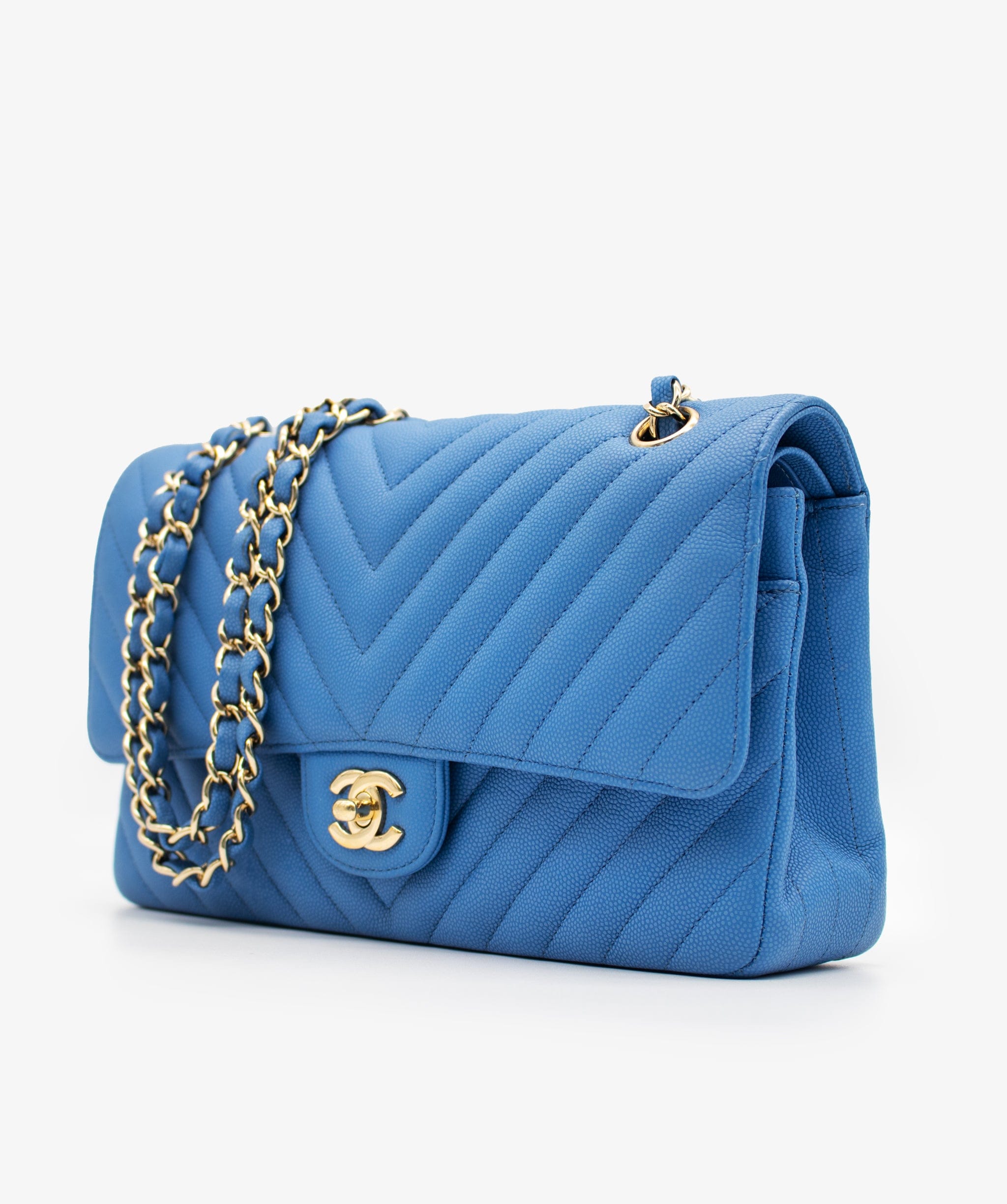 Chanel Chanel Blue Chevron Medium Double Flap with GHW- ASL3929