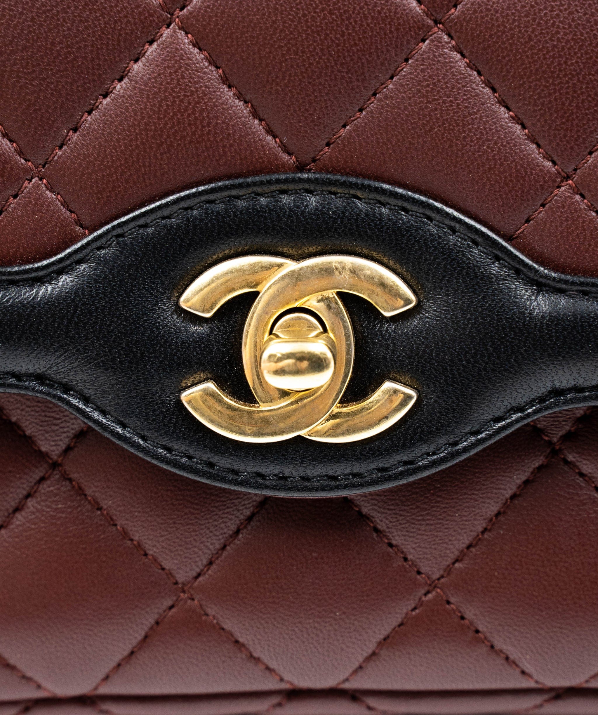 Chanel Chanel Burgundy & Black CC Mini Lambskin Leather Flap Bag  - AGL2052