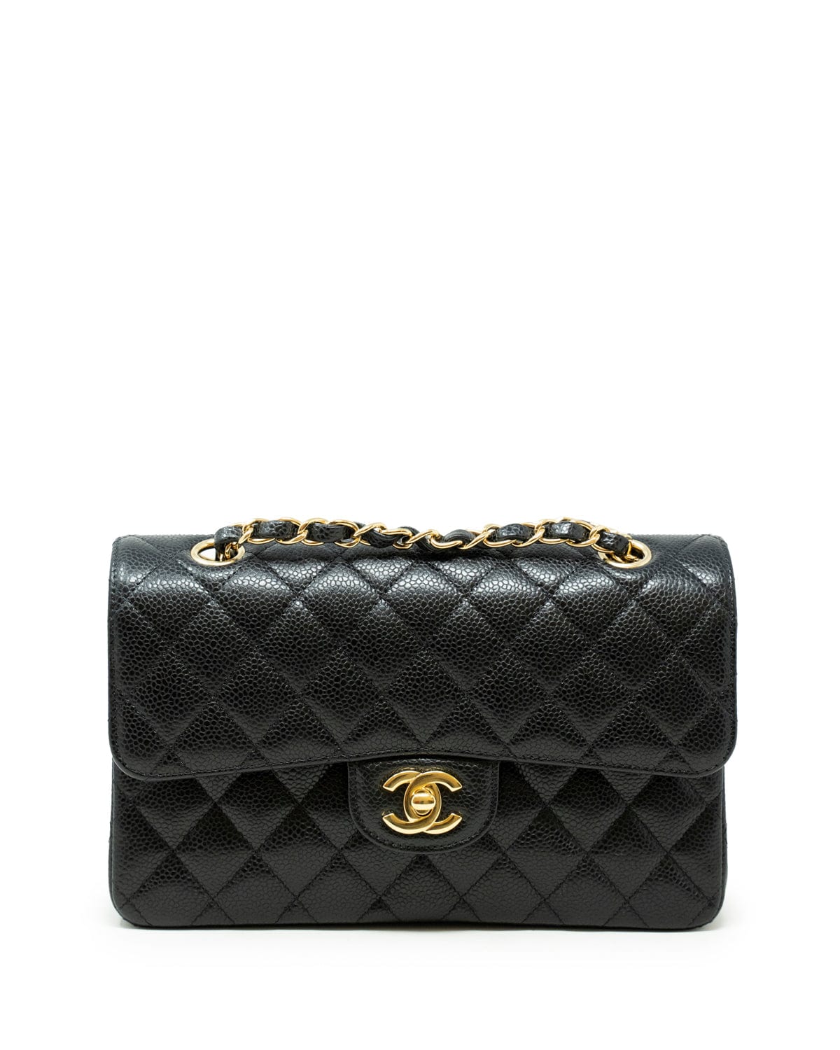 Chanel Chanel classic flap in black caviar with champagne gold hardware.  ASL3321