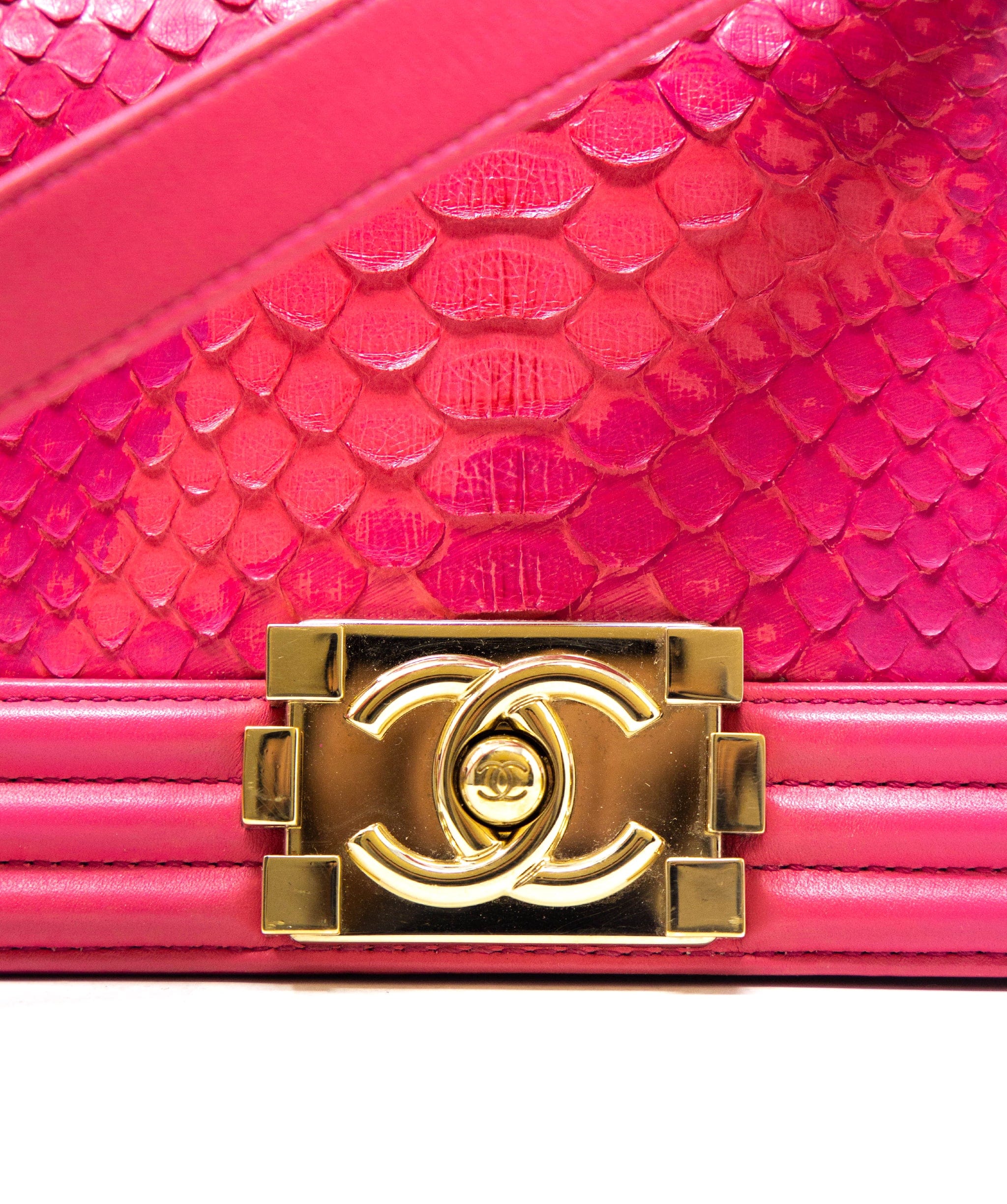 Chanel Chanel hot pink small python boy bag, with champagne gold hardware.  AGC1163