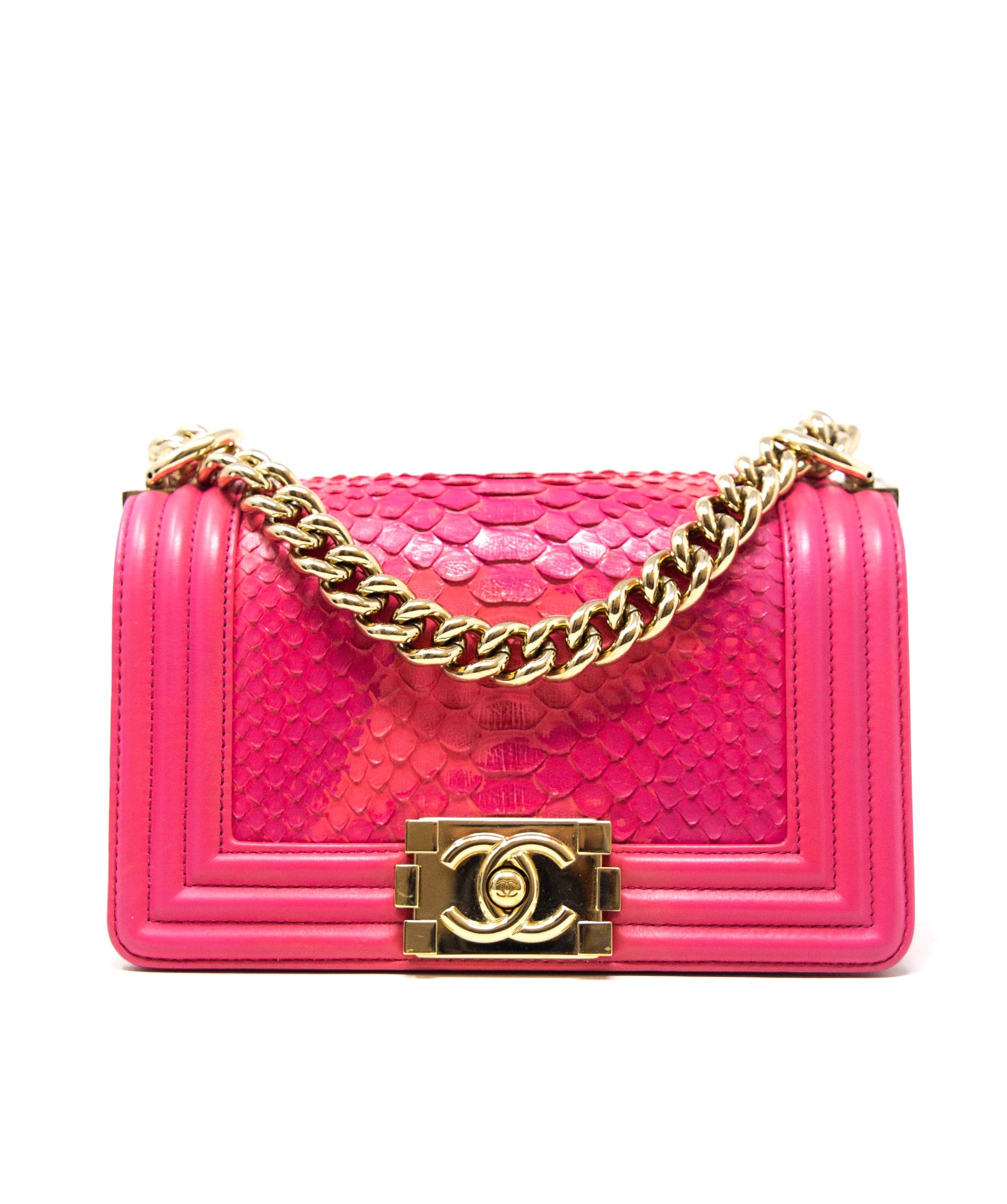 Chanel Chanel hot pink small python boy bag, with champagne gold hardware.  AGC1163