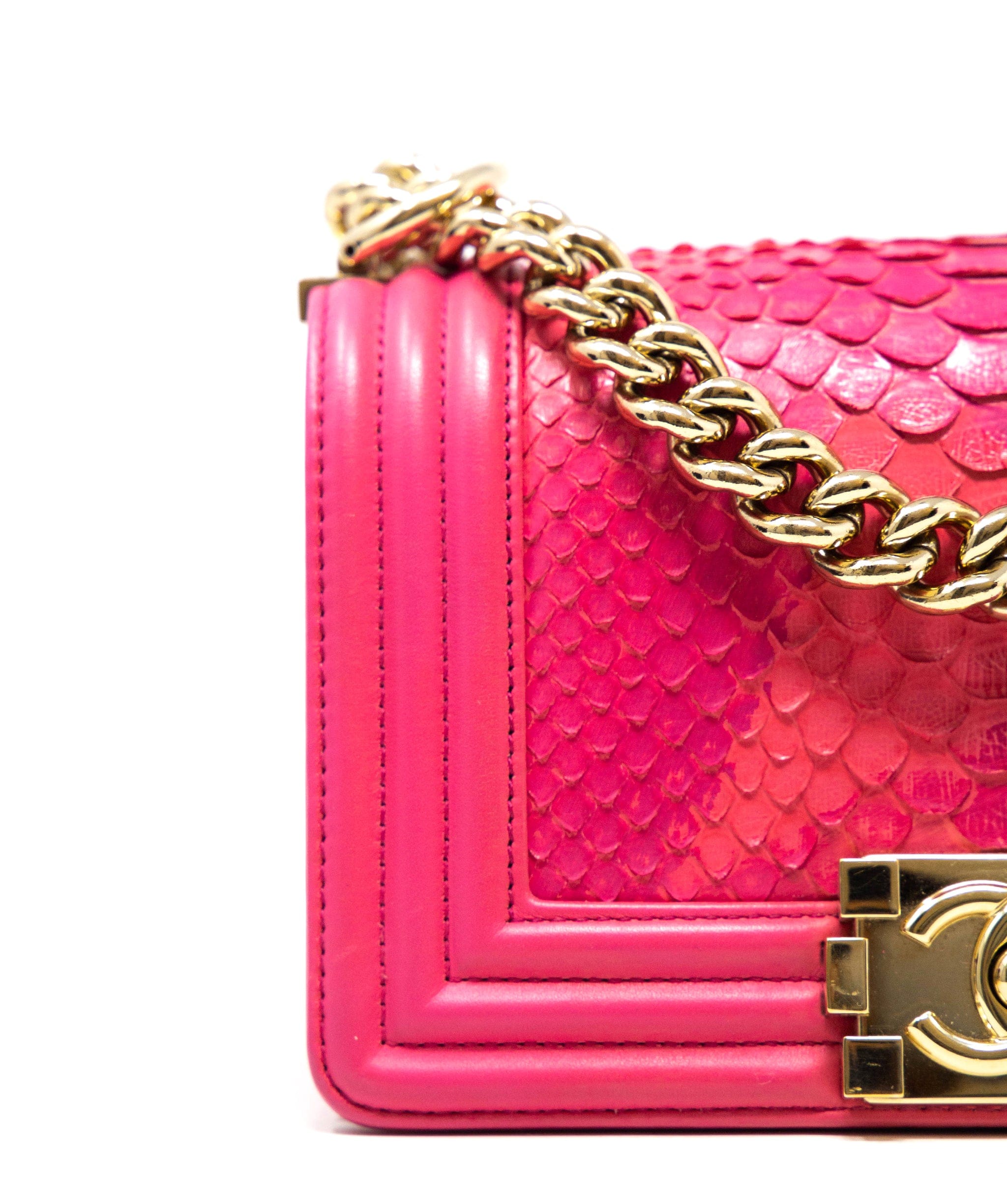 Chanel Chanel hot pink small python boy bag, with champagne gold hardware.  AGC1163