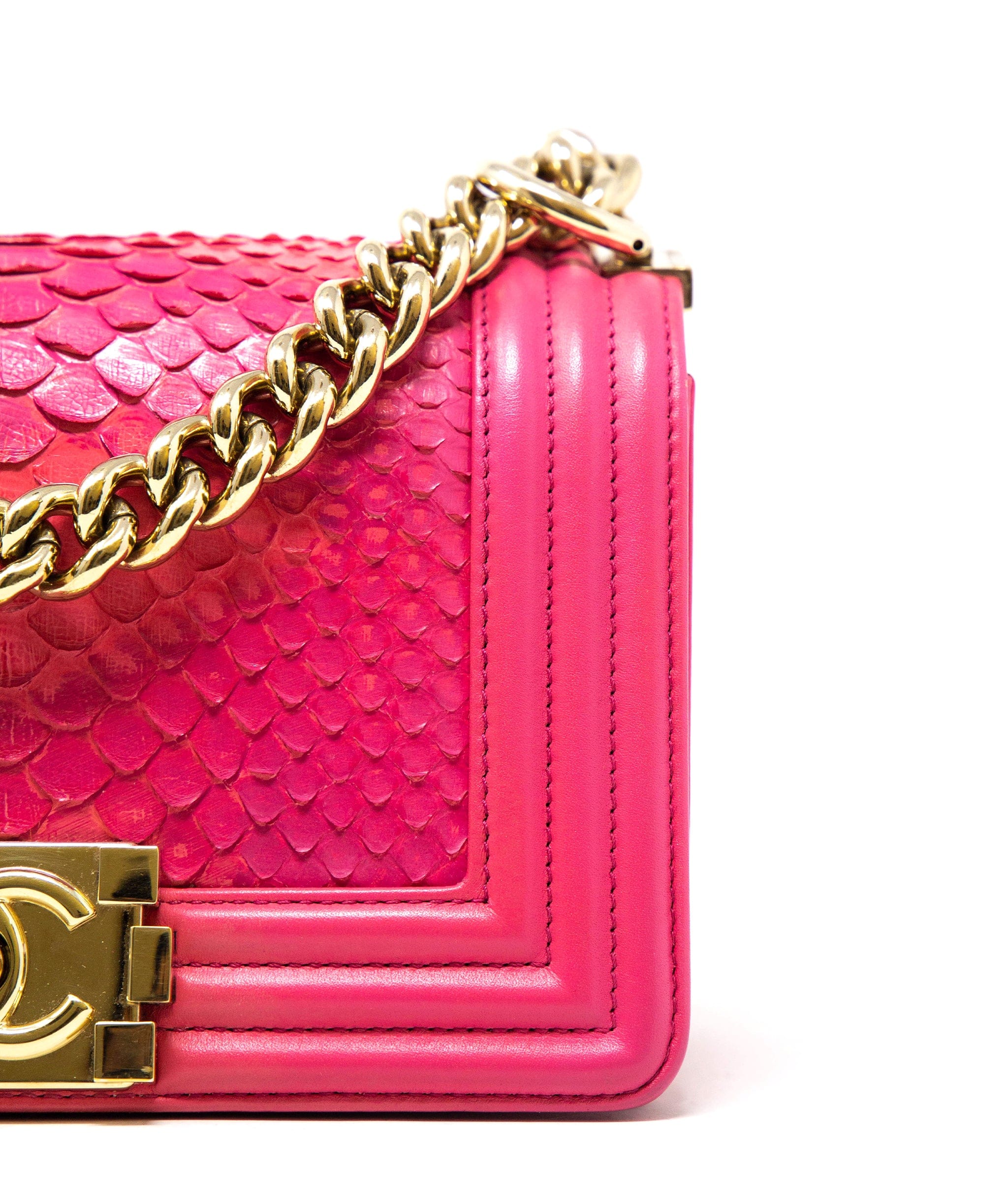 Chanel Chanel hot pink small python boy bag, with champagne gold hardware.  AGC1163