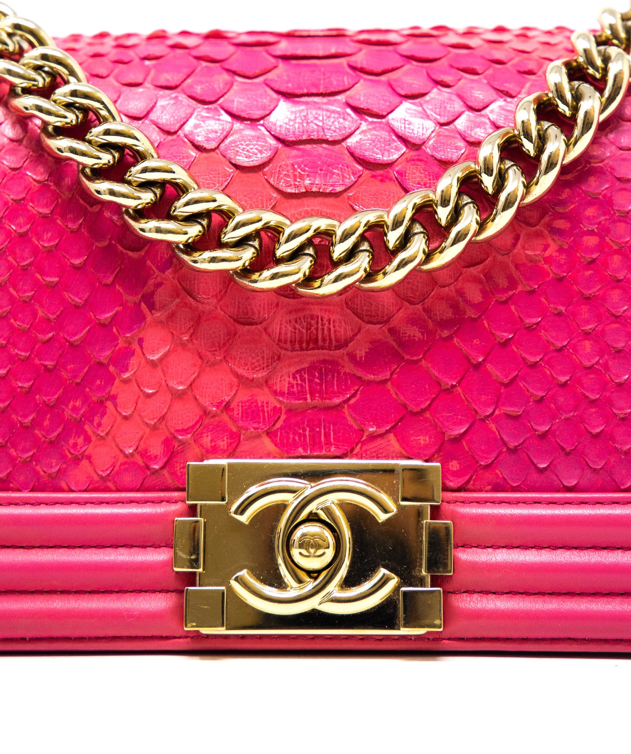 Chanel Chanel hot pink small python boy bag, with champagne gold hardware.  AGC1163