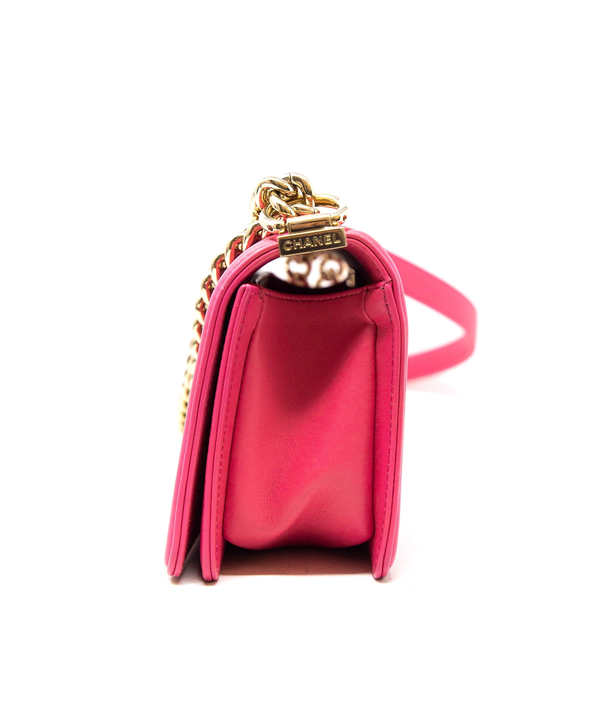 Chanel Chanel hot pink small python boy bag, with champagne gold hardware.  AGC1163