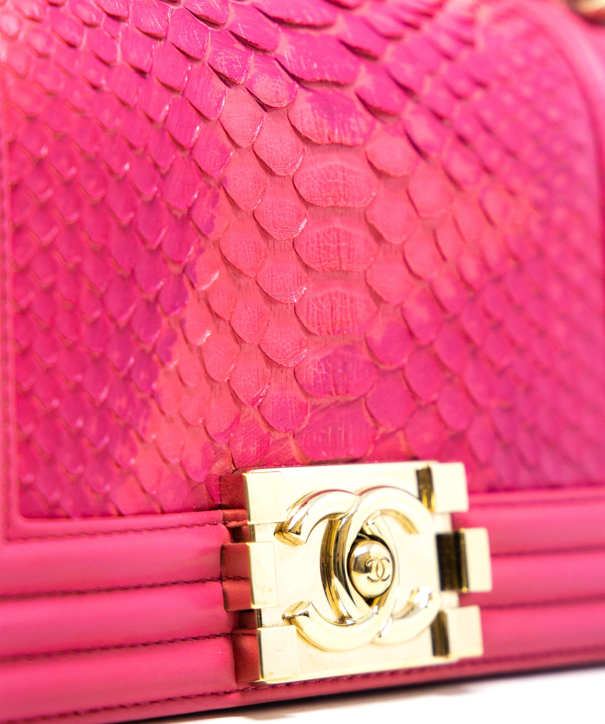 Chanel Chanel hot pink small python boy bag, with champagne gold hardware.  AGC1163