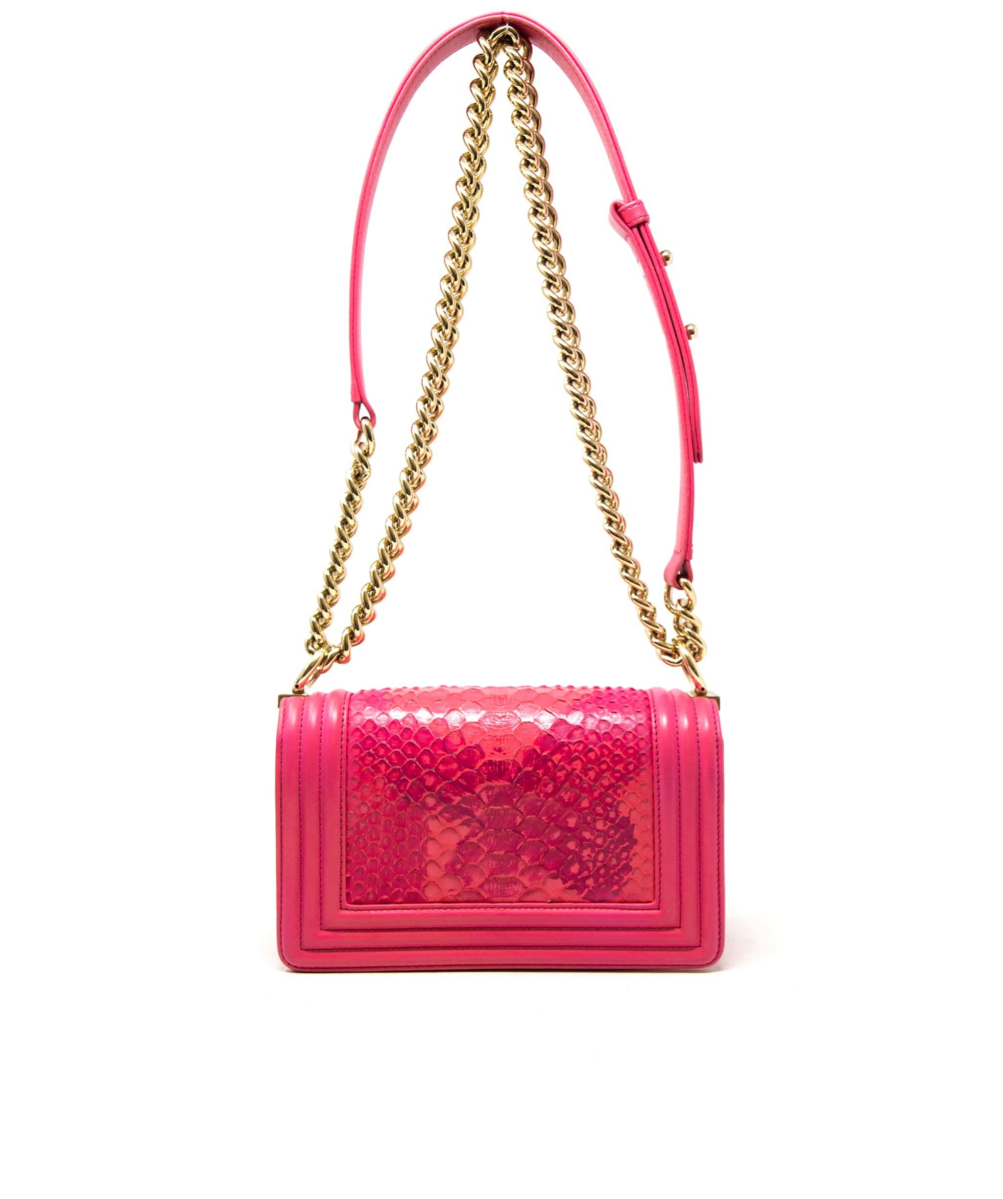 Chanel Chanel hot pink small python boy bag, with champagne gold hardware.  AGC1163