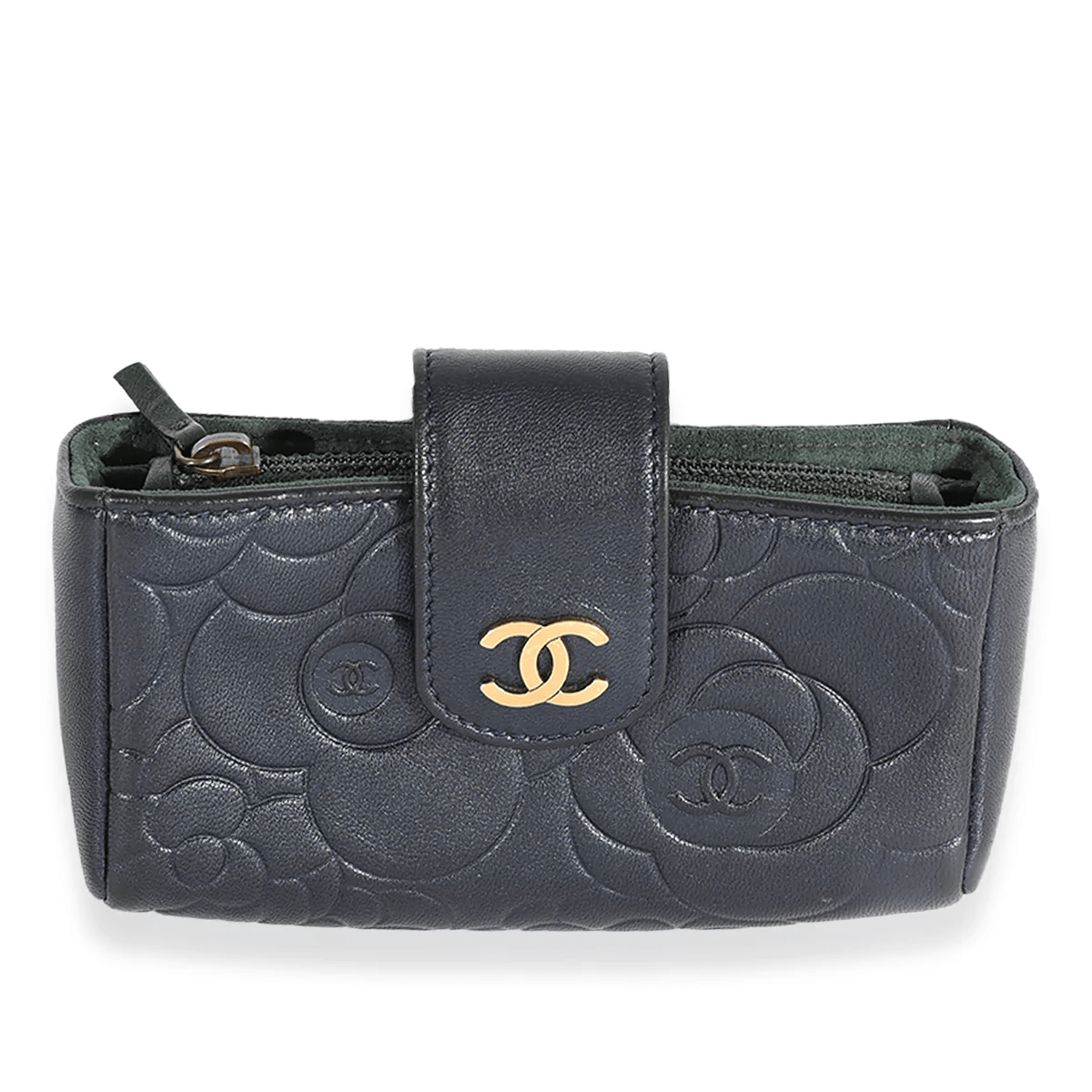 Chanel Chanel Navy Camellia Embossed Leather Phone Holder Clutch 123718