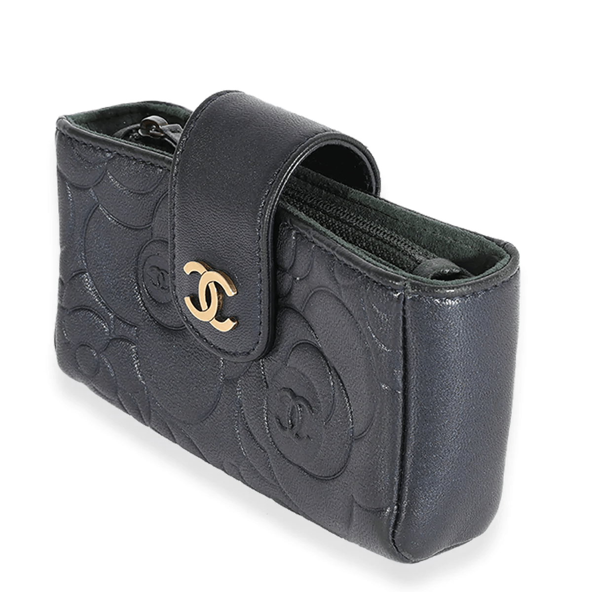 Chanel Chanel Navy Camellia Embossed Leather Phone Holder Clutch 123718