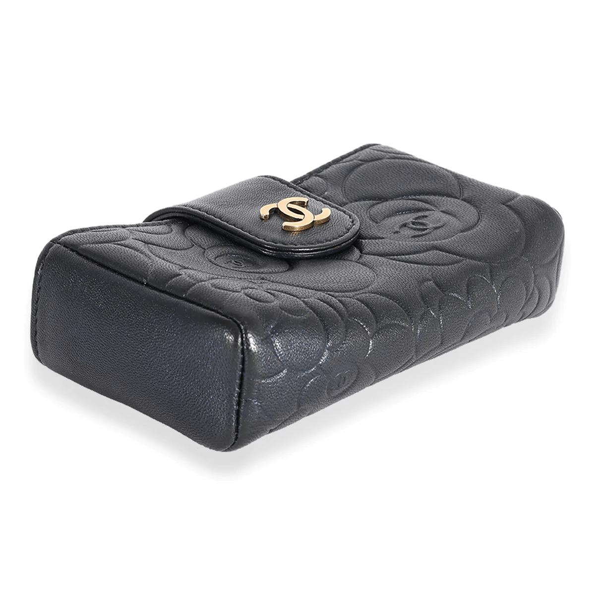 Chanel Chanel Navy Camellia Embossed Leather Phone Holder Clutch 123718