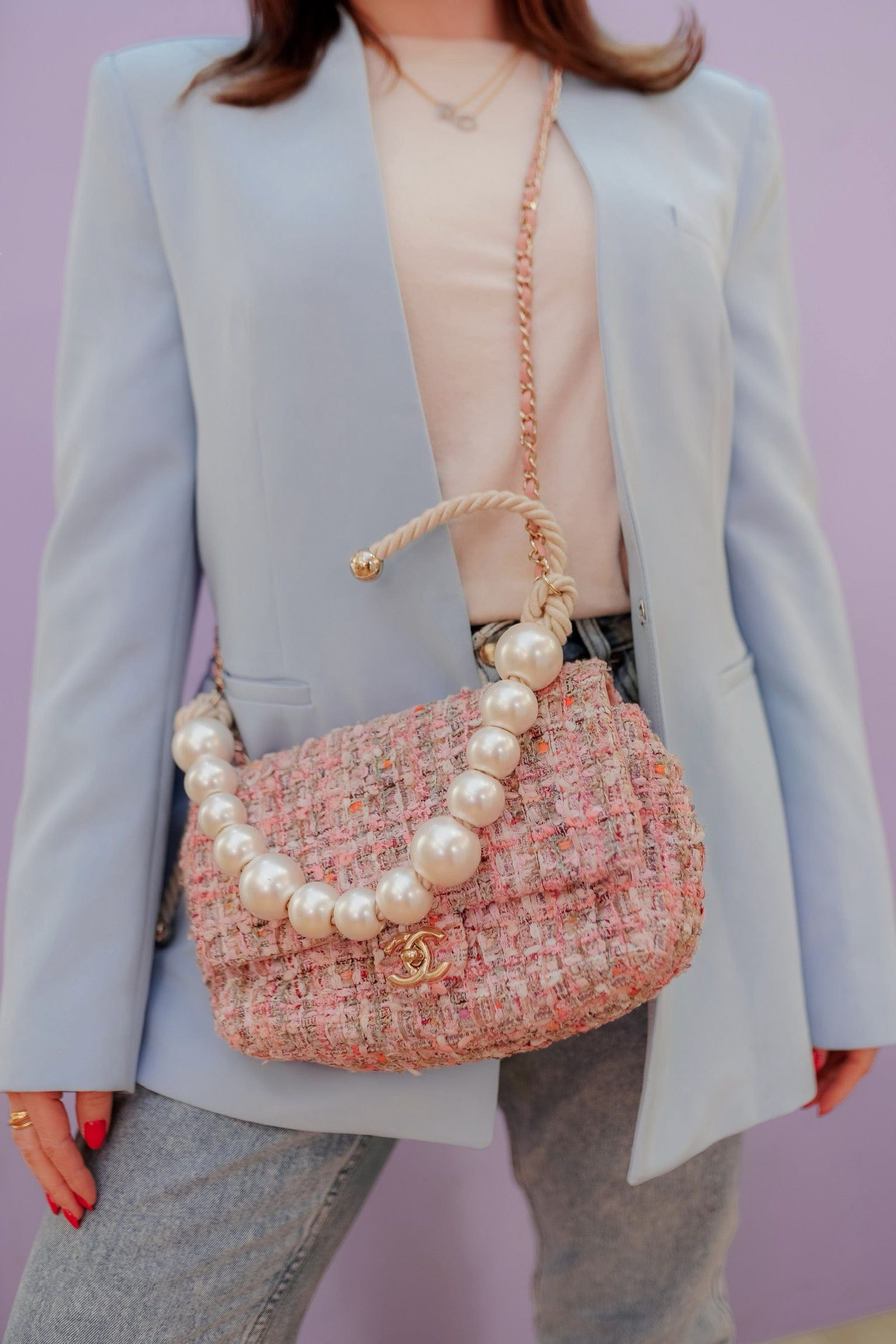 Chanel Chanel Pink Tweed Flap Bag With Pearl Detail - ADL1833