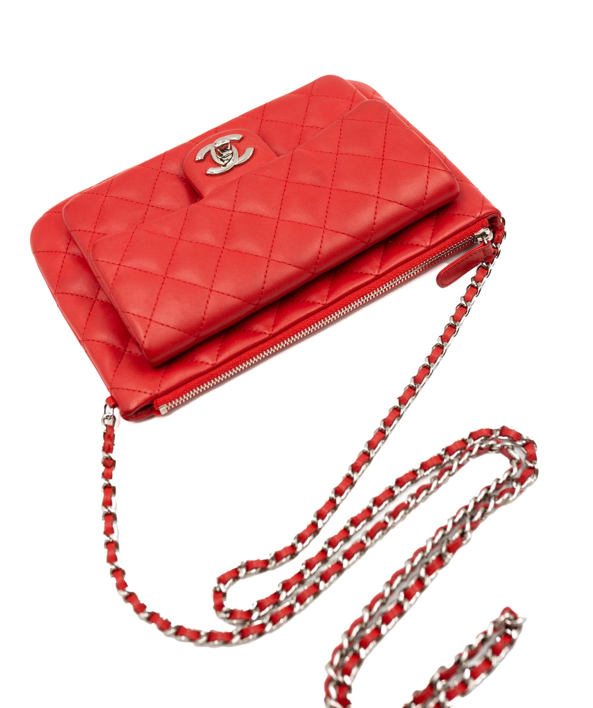 Chanel Chanel red double pouch on chain PHW ALL0092