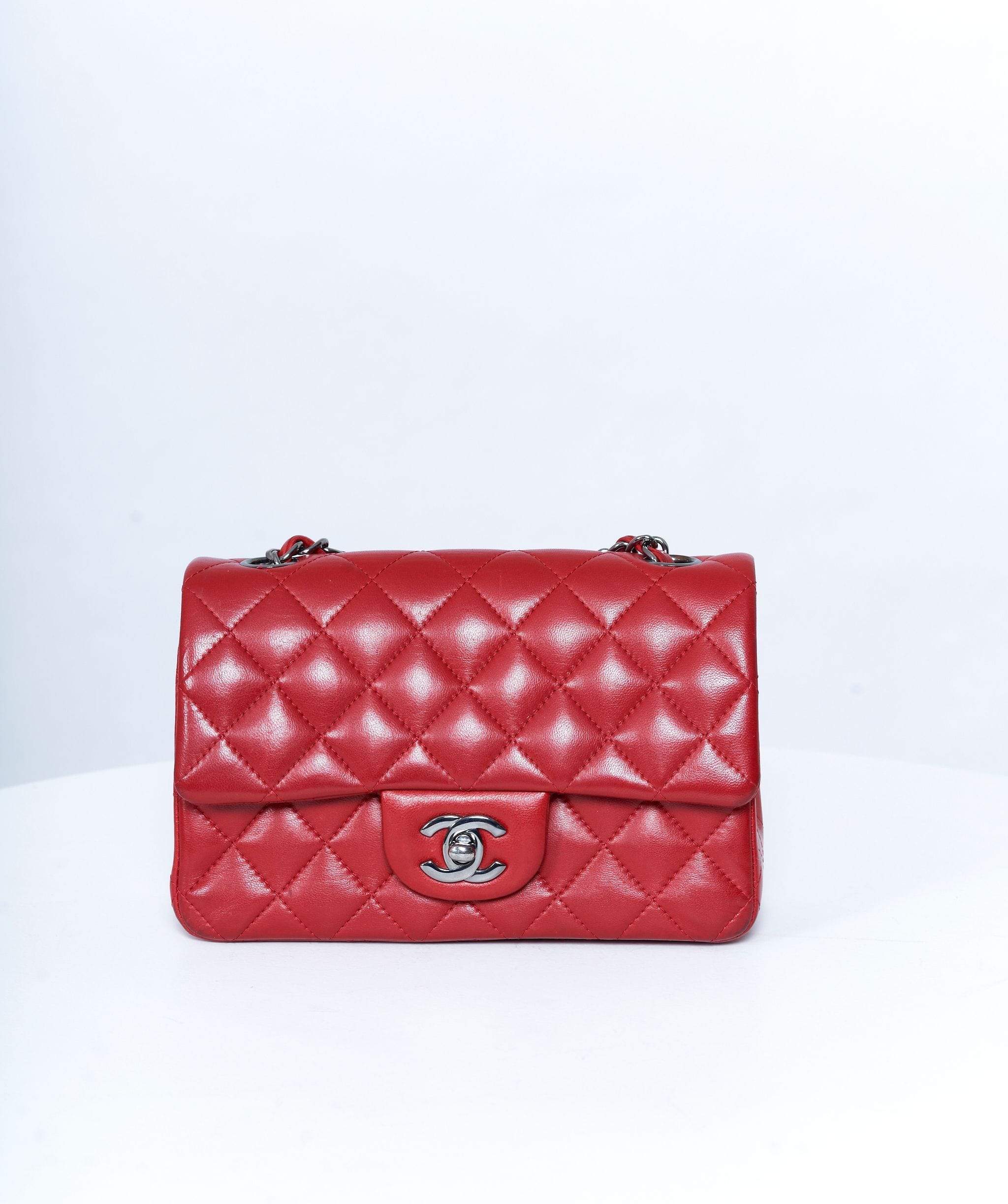 Chanel Chanel Red Lambskin Small 8' Classic Flap Bag Ruthenium Hardware MW1955