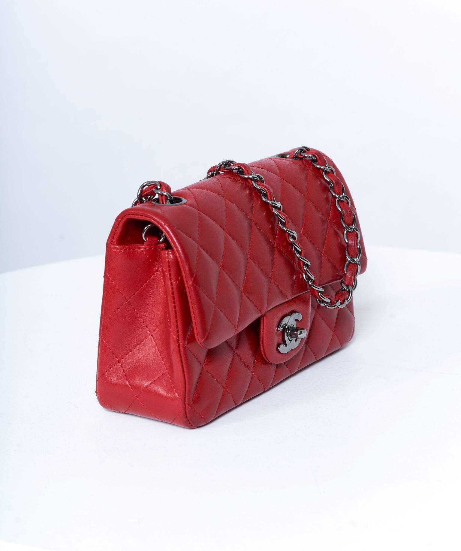 Chanel Chanel Red Lambskin Small 8' Classic Flap Bag Ruthenium Hardware MW1955