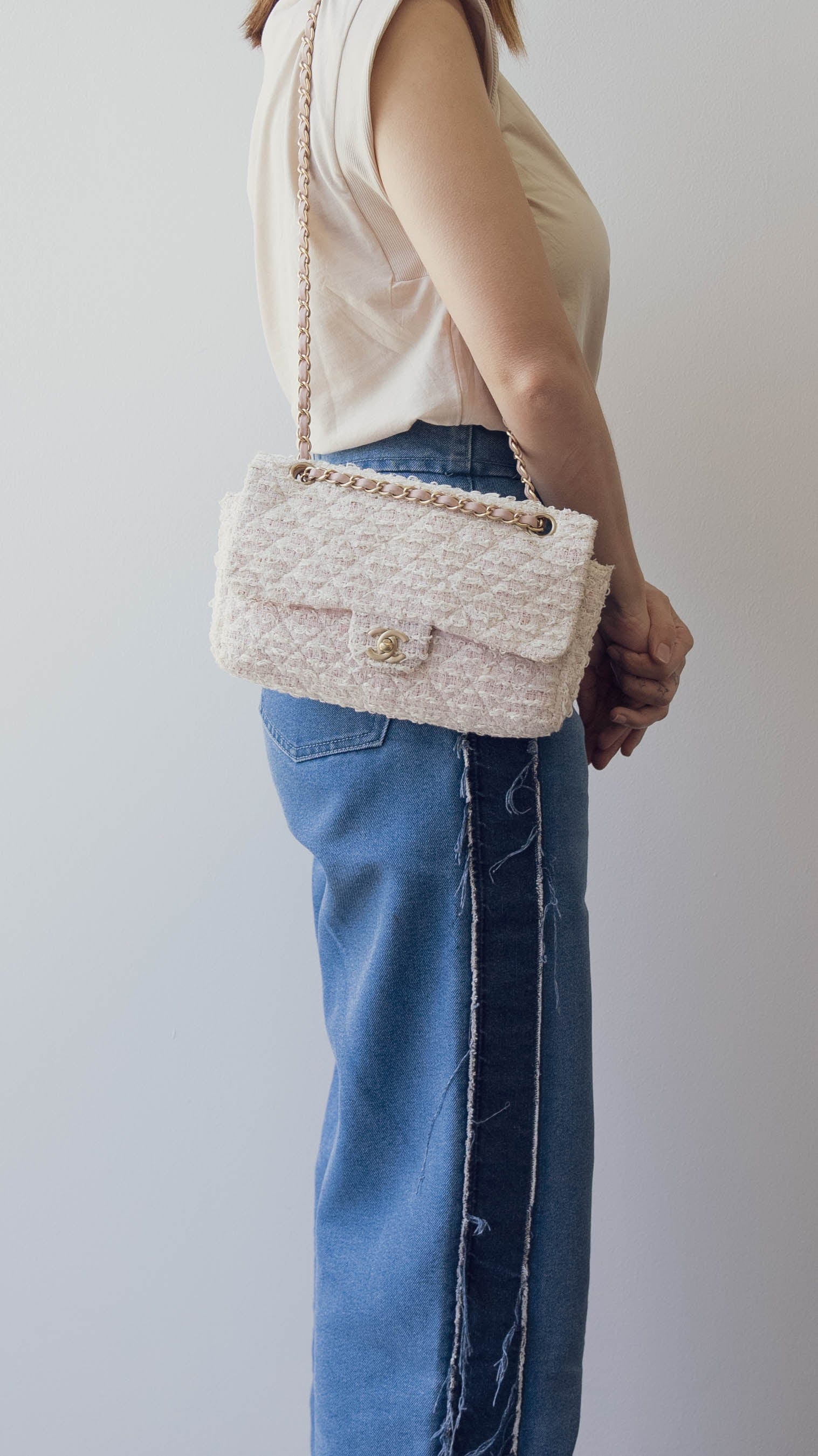 Chanel Chanel Single Flap Rose/White Tweed Crossbody Bag - AWL2652