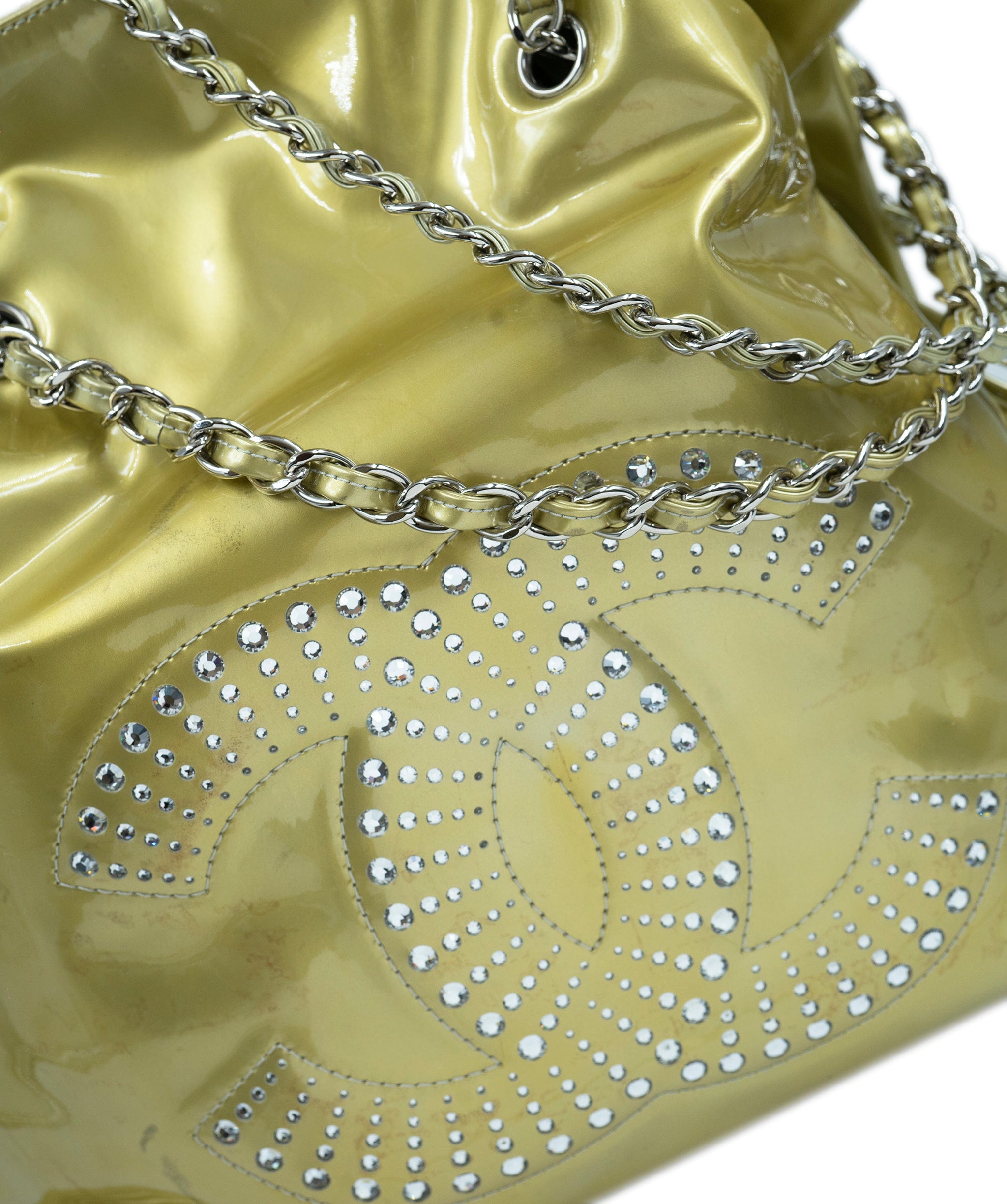 Chanel Chanel vinyl gold tote bag with large CC logo crystal diamante detailing. AGC1371