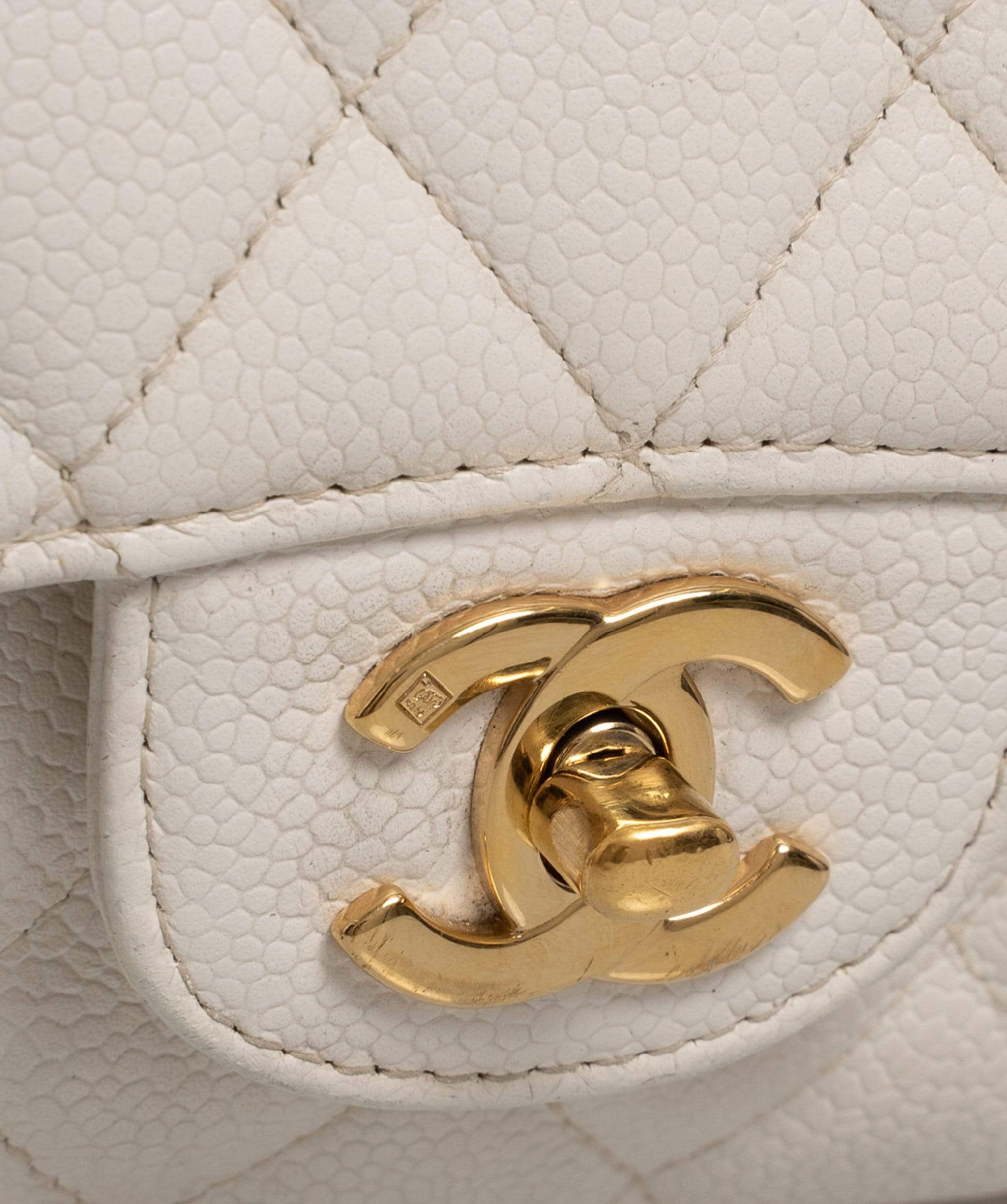 Chanel Chanel White Caviar Skin 10" Medium Double Classic Flap Bag - AWL1573