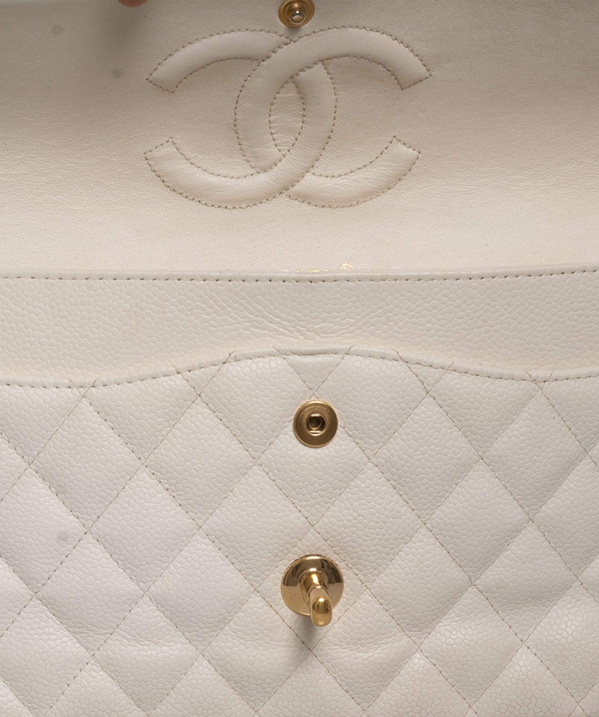 Chanel Chanel White Caviar Skin 10" Medium Double Classic Flap Bag - AWL1573