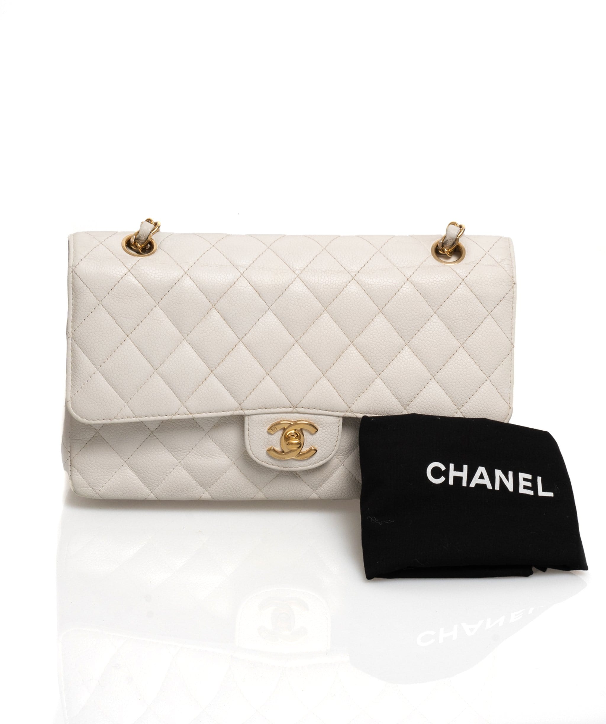 Chanel Chanel White Caviar Skin 10" Medium Double Classic Flap Bag - AWL1573