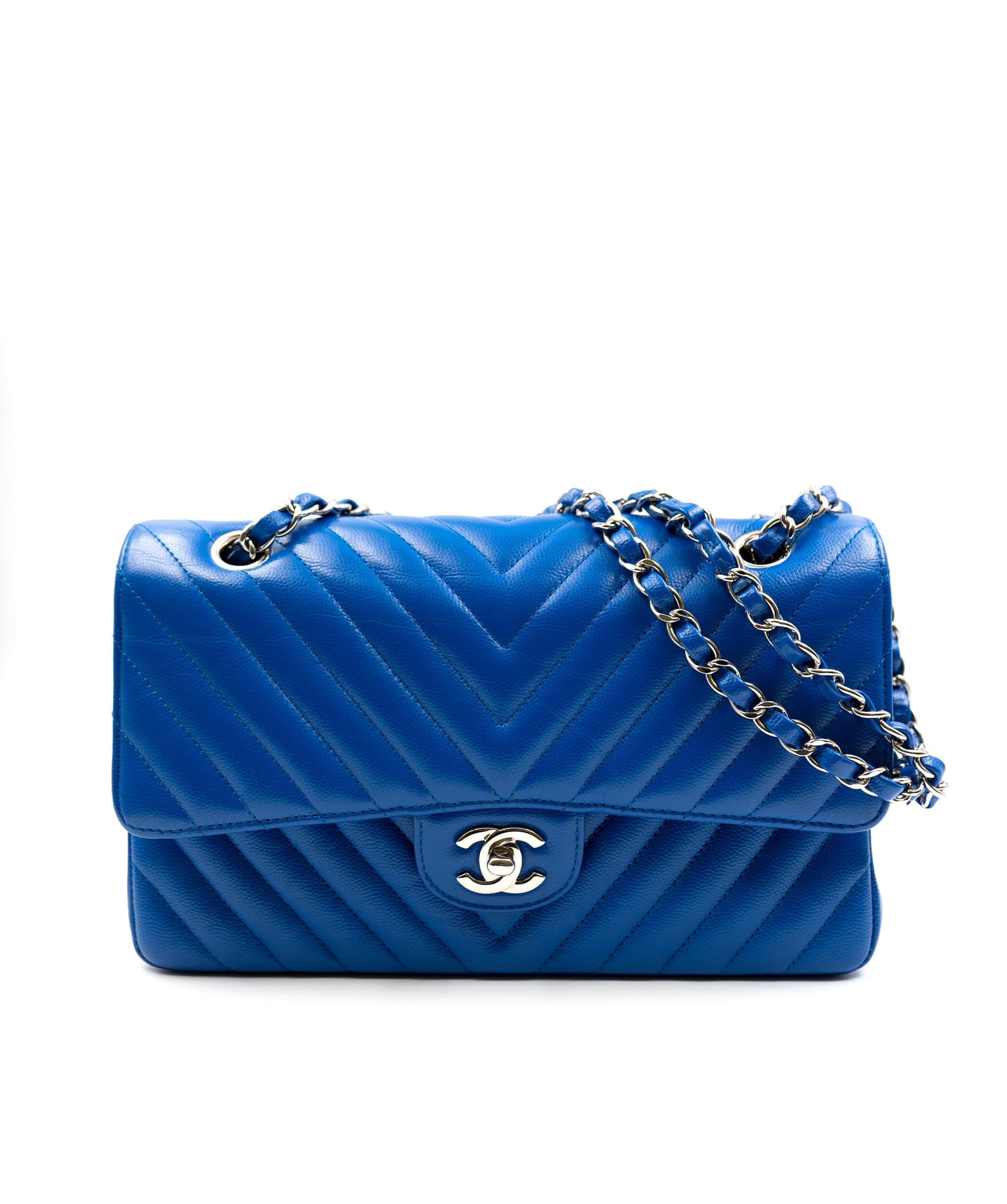 Chanel Dark blue grained chevron medium flap bag AGC1366