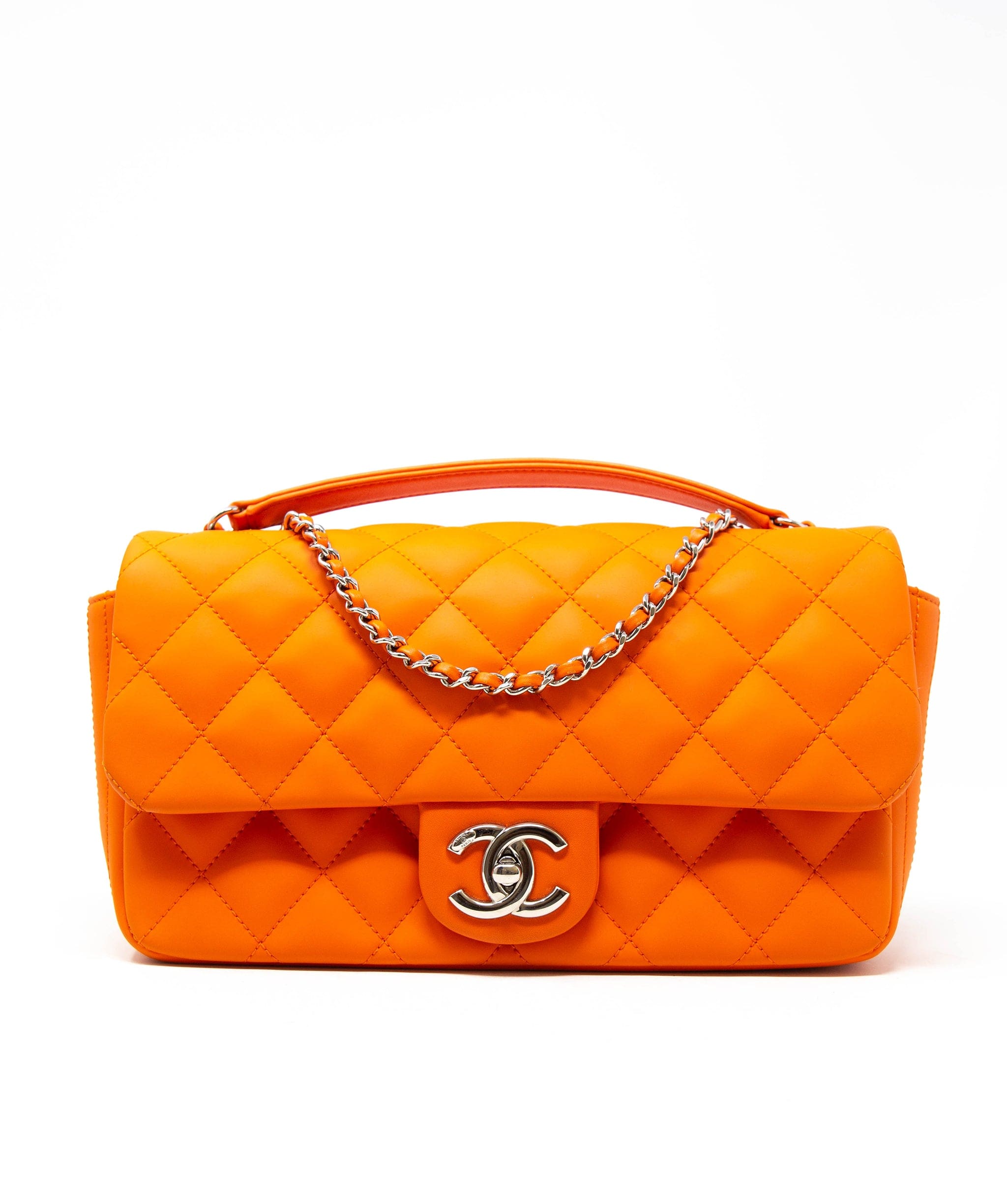 Chanel Rare Chanel bright orange coated leather single flap bag with colourful rain cover,  with silver hardware. - AGL2232