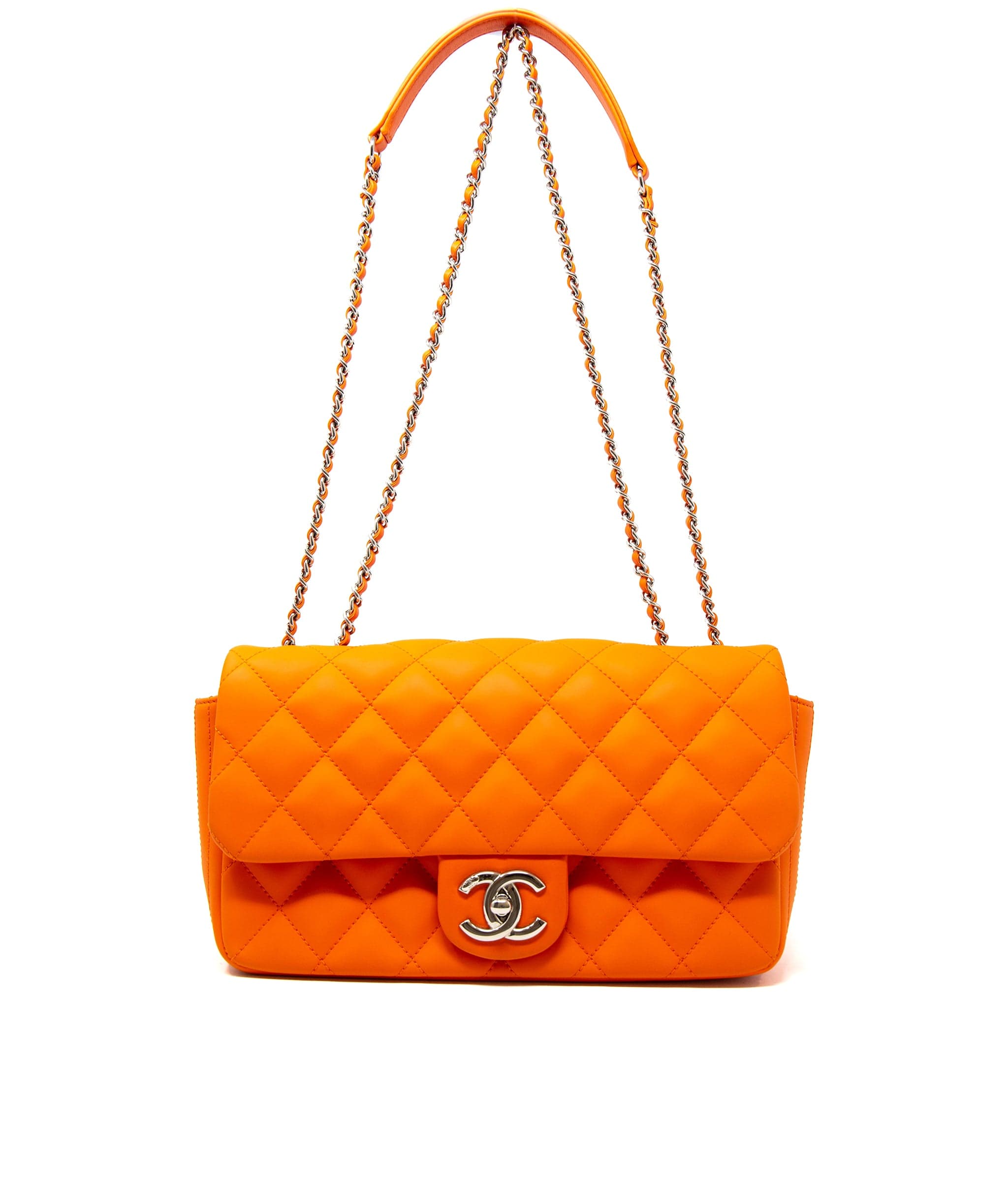 Chanel Rare Chanel bright orange coated leather single flap bag with colourful rain cover,  with silver hardware. - AGL2232