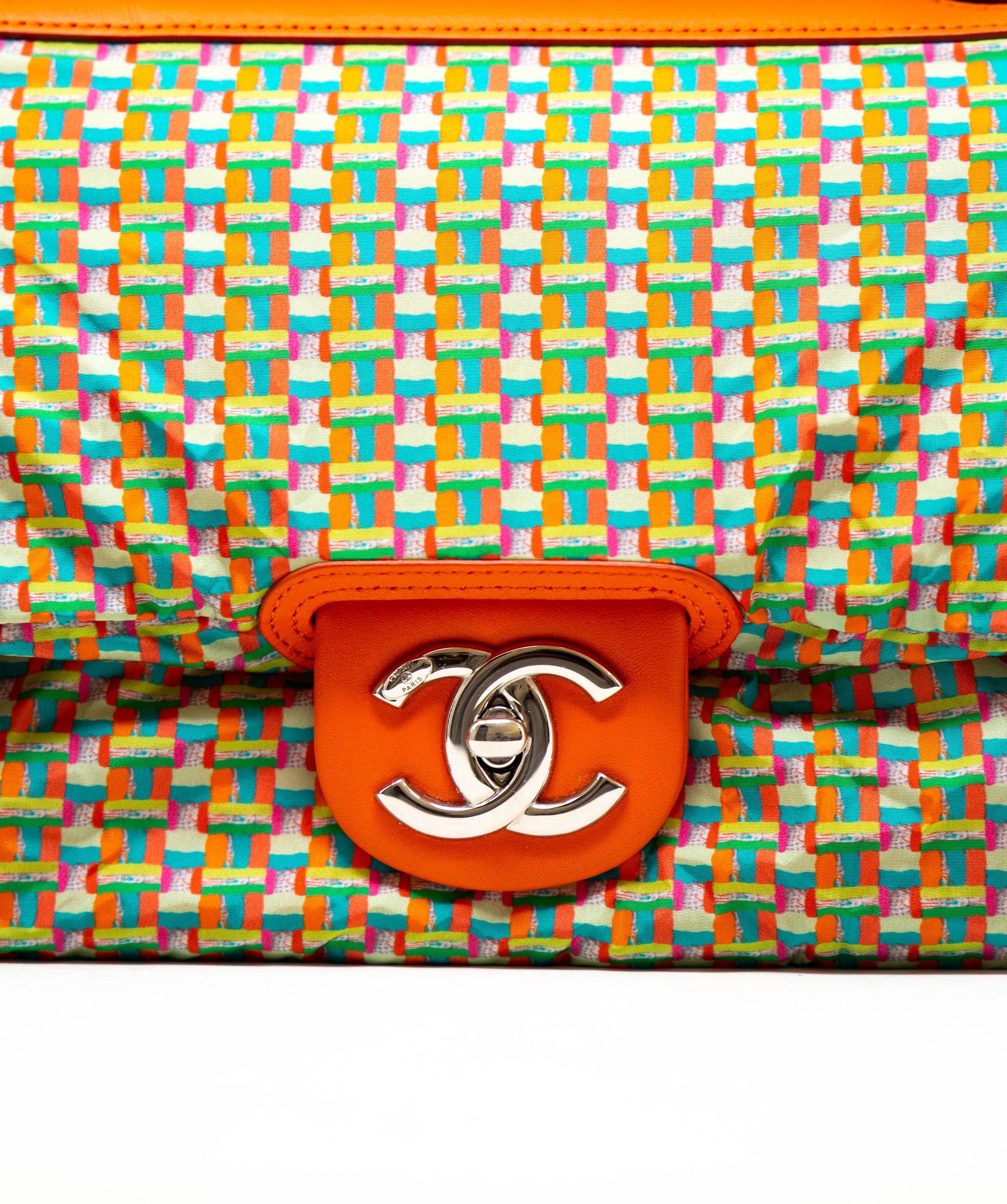 Chanel Rare Chanel bright orange coated leather single flap bag with colourful rain cover,  with silver hardware. - AGL2232