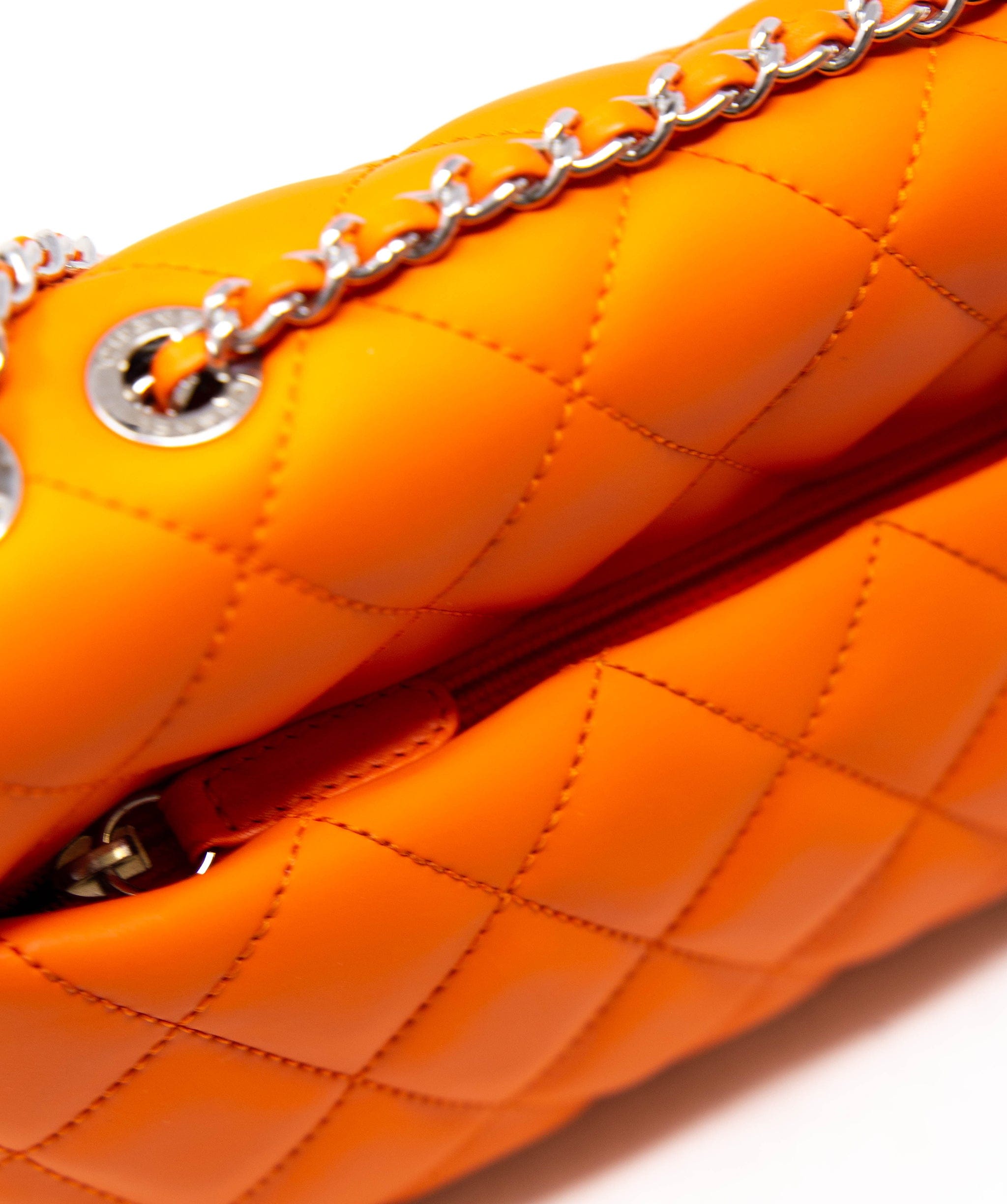 Chanel Rare Chanel bright orange coated leather single flap bag with colourful rain cover,  with silver hardware. - AGL2232