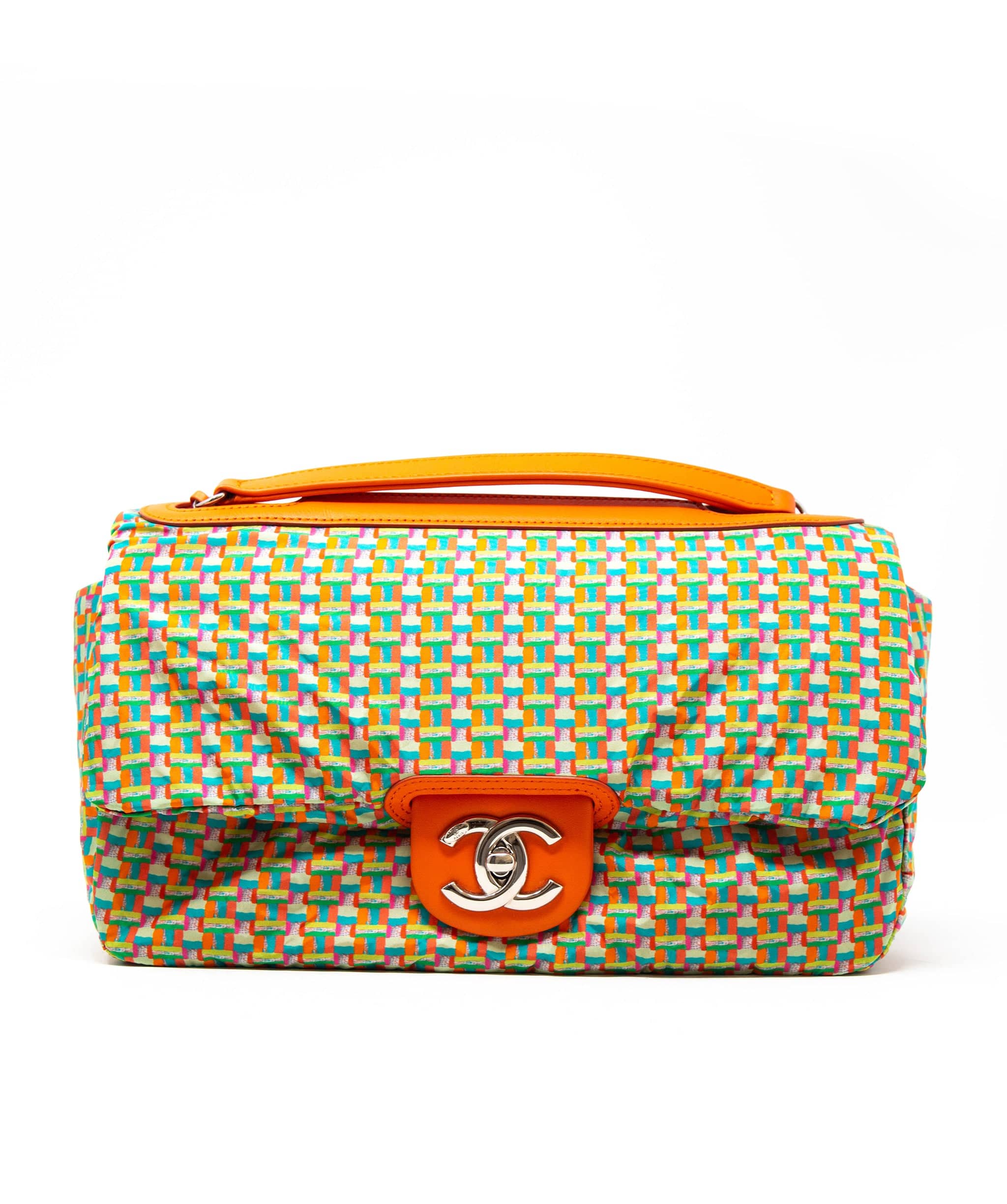 Chanel Rare Chanel bright orange coated leather single flap bag with colourful rain cover,  with silver hardware. - AGL2232