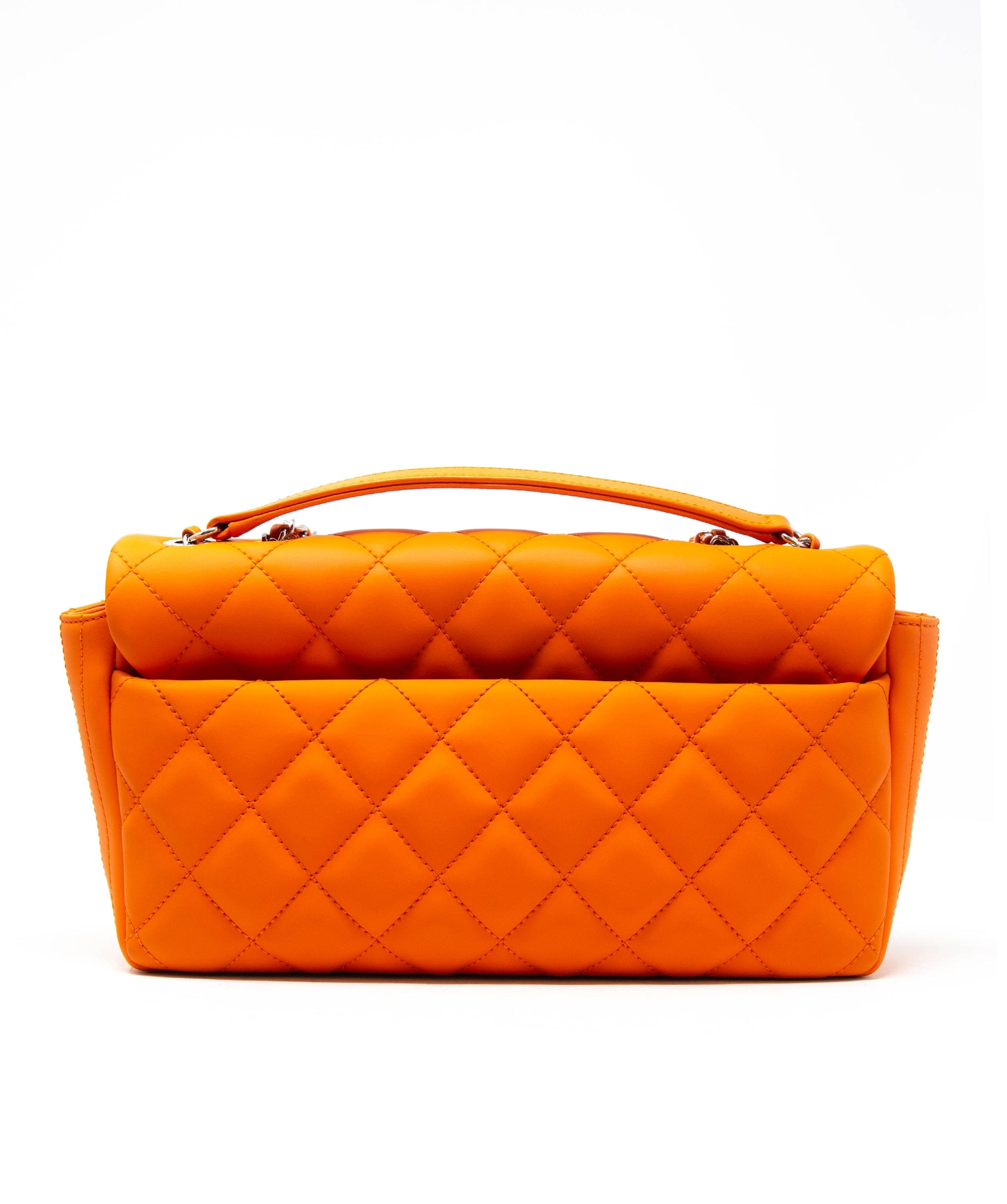 Chanel Rare Chanel bright orange coated leather single flap bag with colourful rain cover,  with silver hardware. - AGL2232