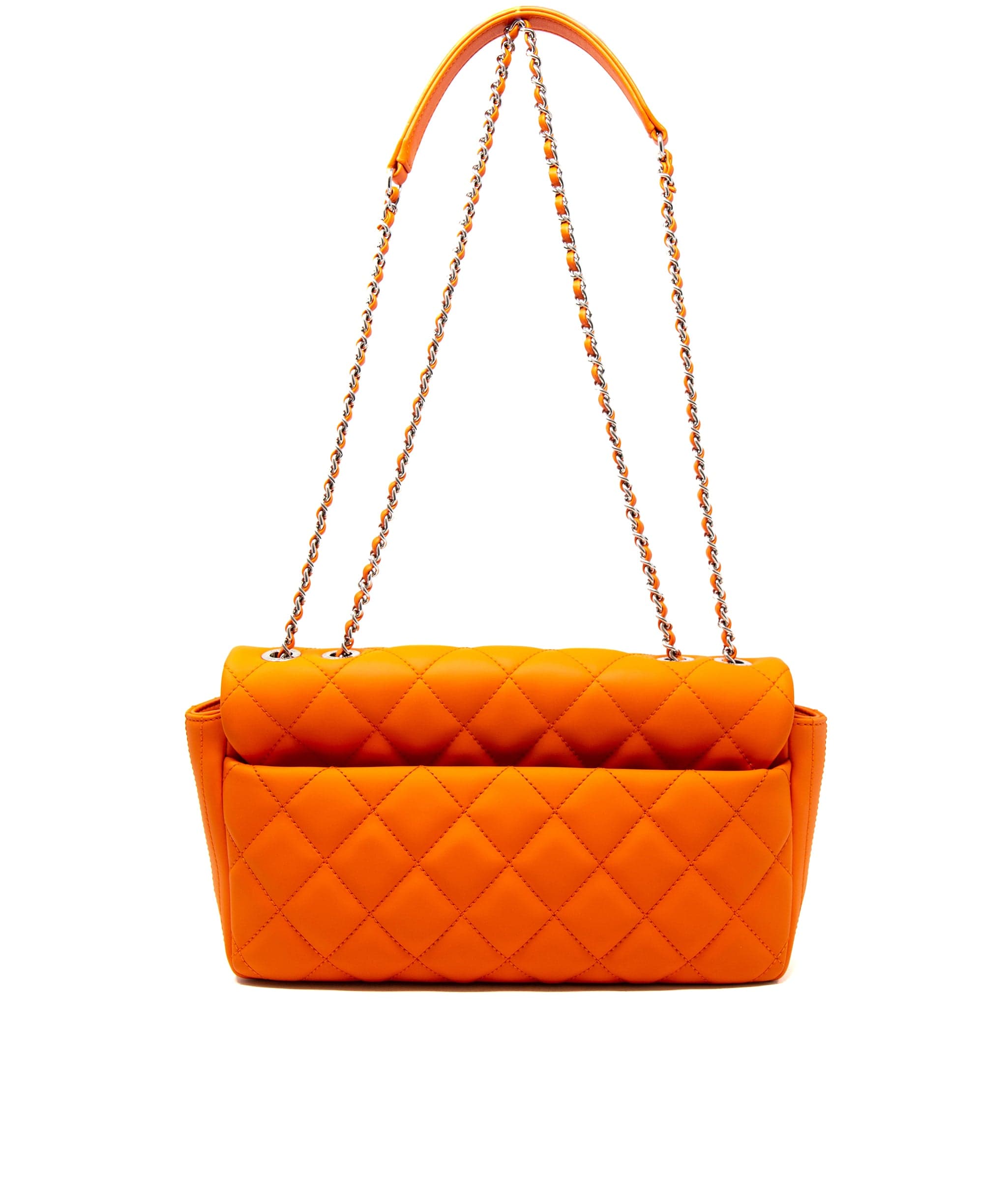 Chanel Rare Chanel bright orange coated leather single flap bag with colourful rain cover,  with silver hardware. - AGL2232