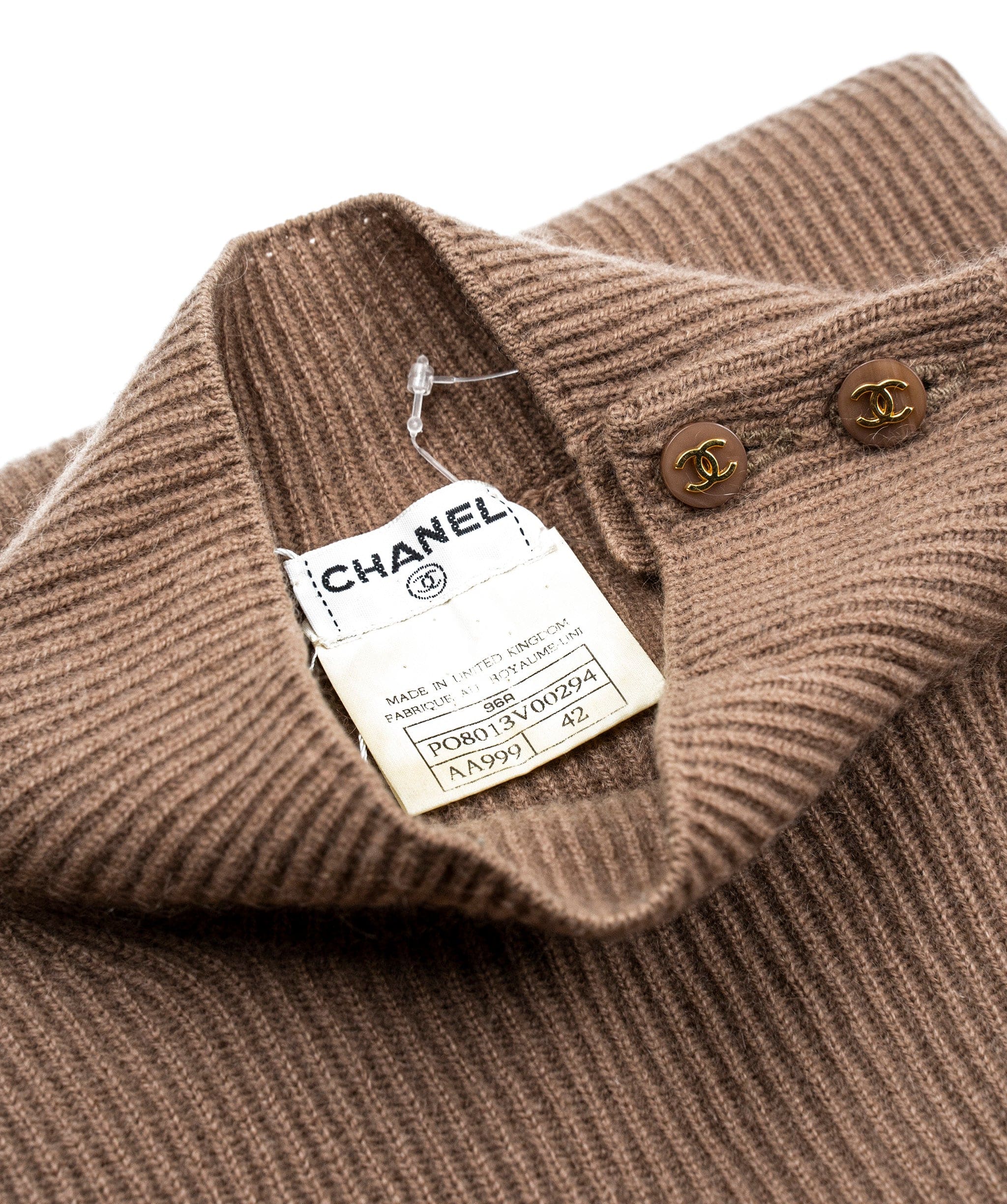 Chanel Chanel 96A CC Buttons Cashmere Rib Sweater Light Brown ASL5157