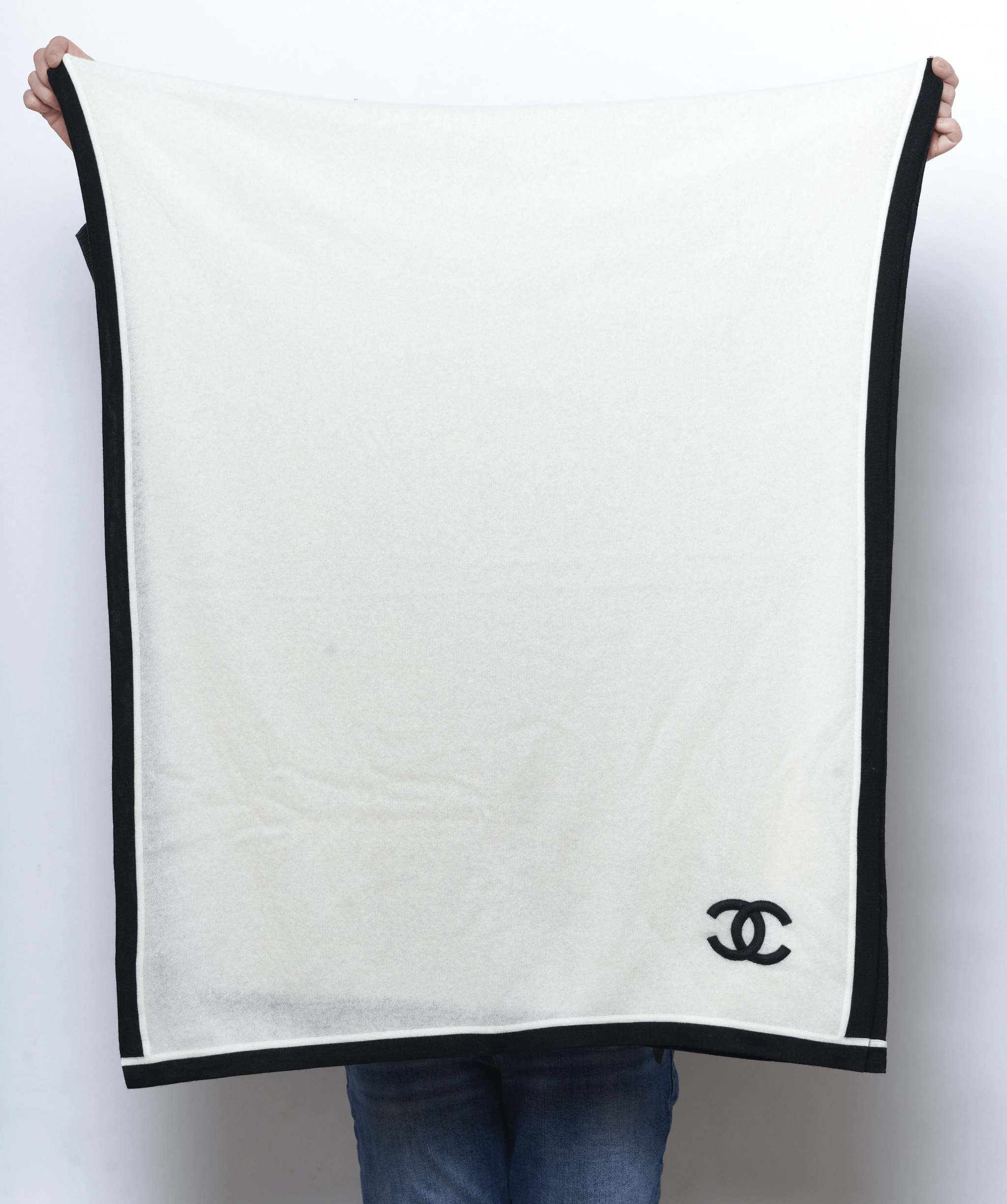 Chanel Chanel cream cashmere shawl with black trimming