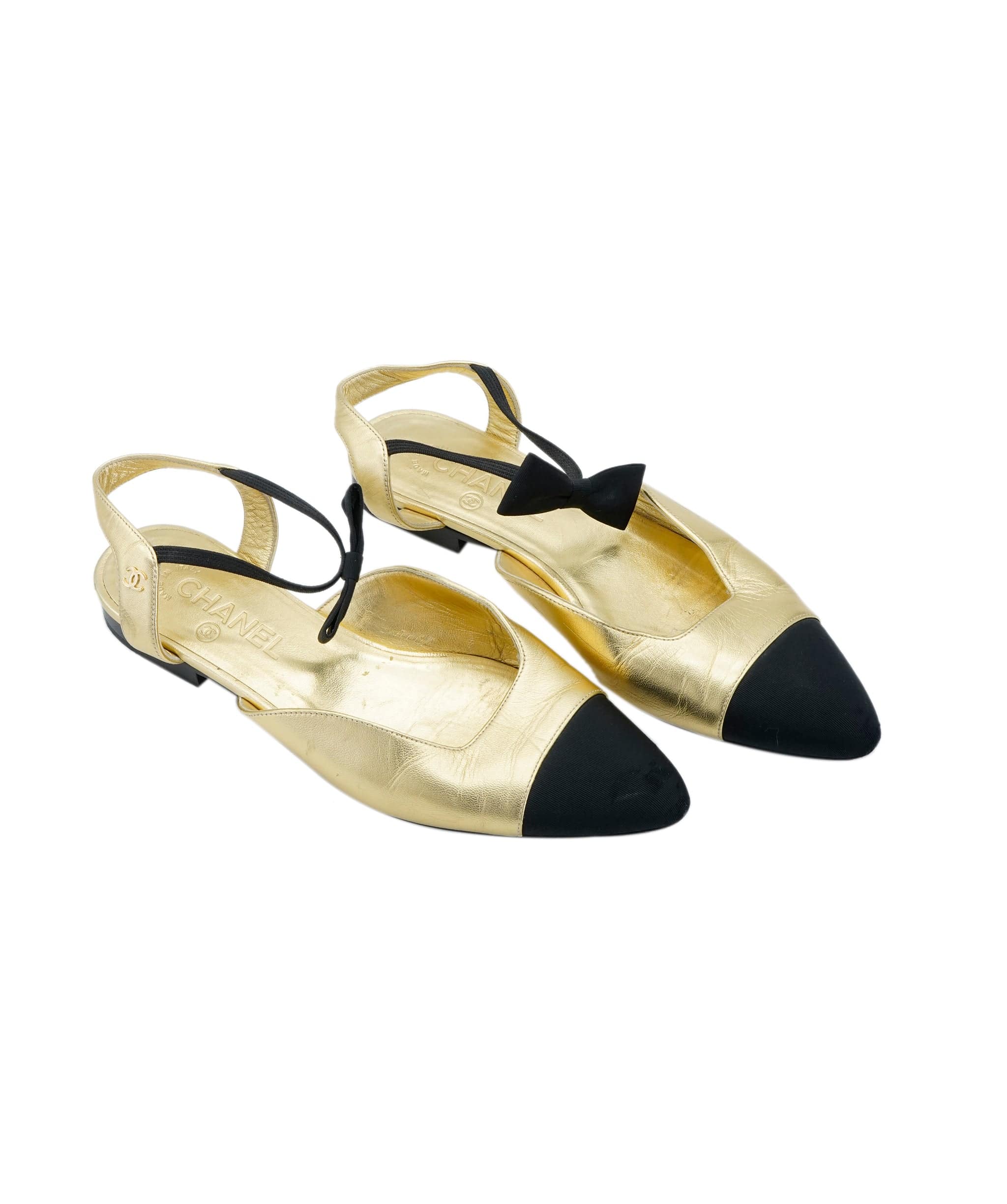 Chanel Chanel gold and black lambskin lat slingbacks with bow 38,5 ASL6513