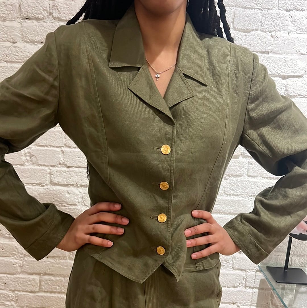 Chanel Chanel Gold Buttons Skirt Suit Green ASL5950