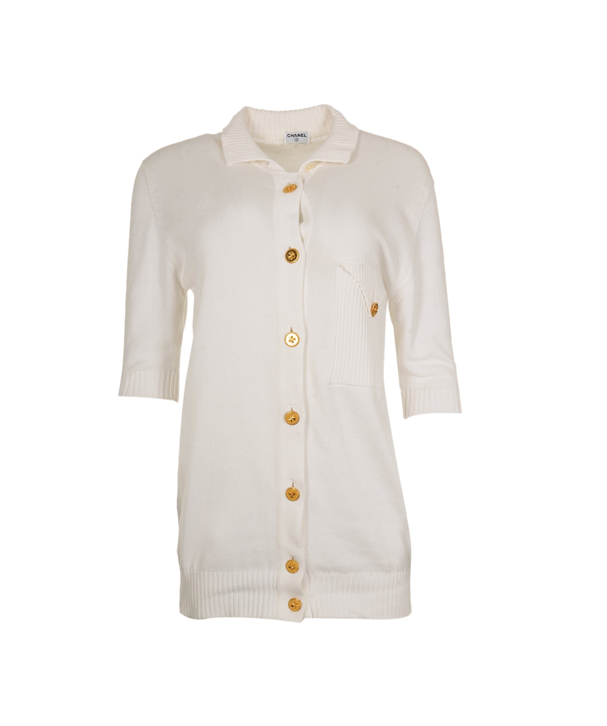 Chanel Chanel Gold Clover Button Knit Top White ASL7143