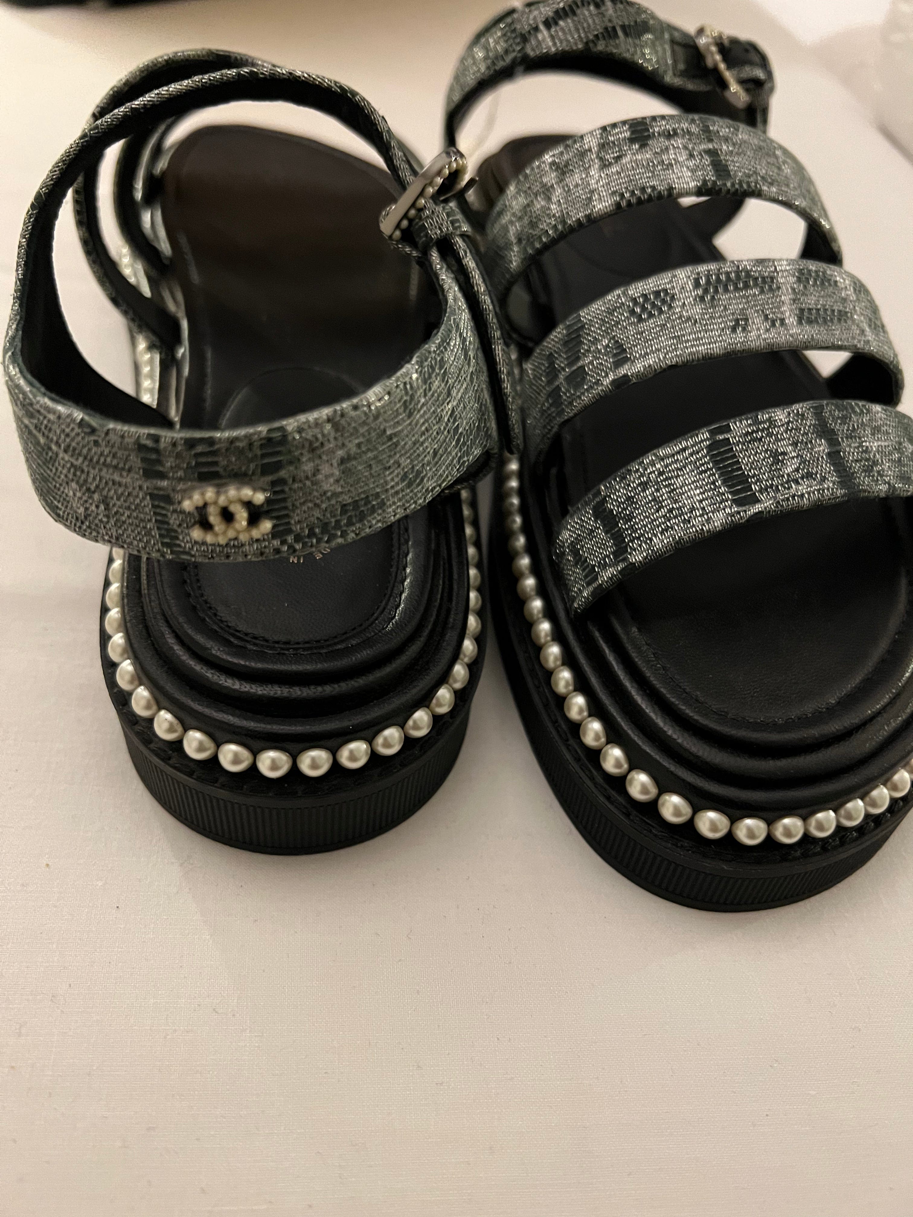 Chanel Chanel Grey Metallic Tweed Sandals size 38 ASL4384