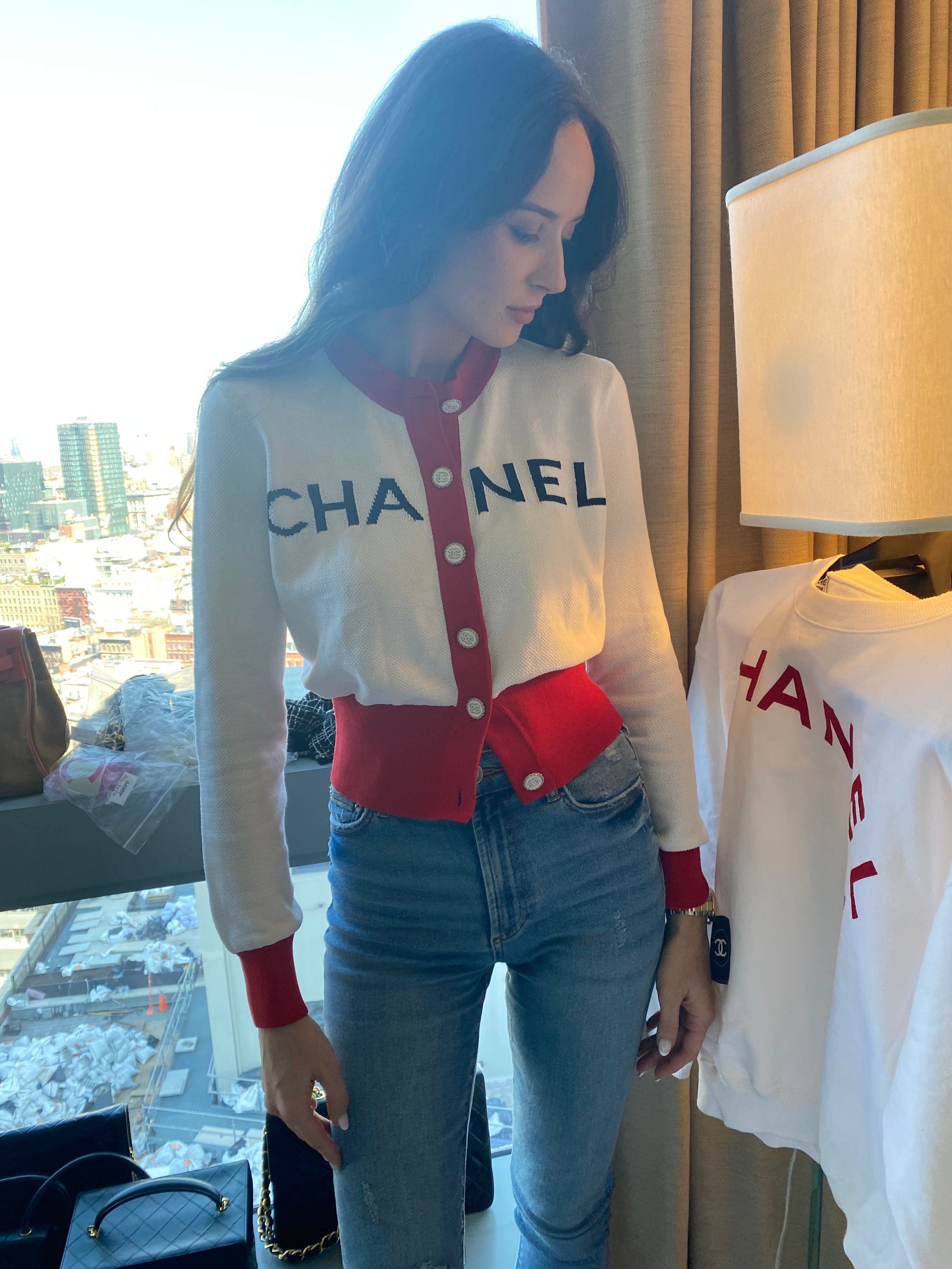 Chanel Chanel logo cardigan white and red ASL3497