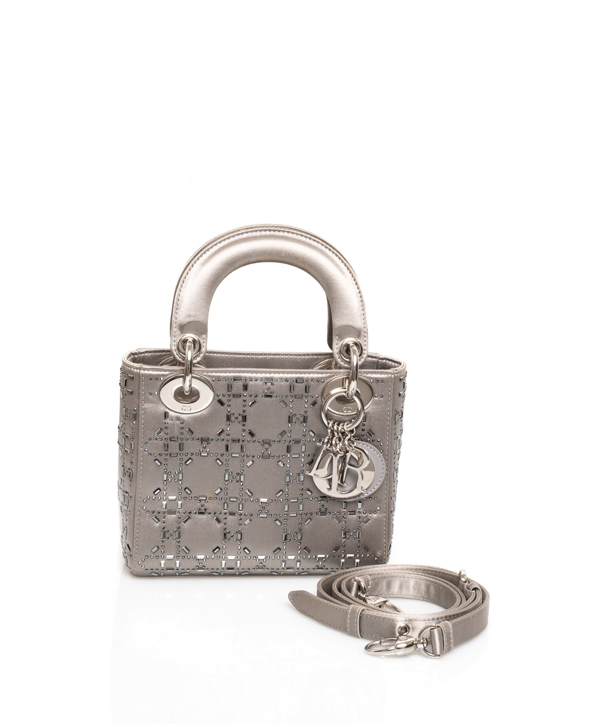 Christian Dior Lady Dior Mini in Silver Satin Bag with Crystal Details - AWL1627