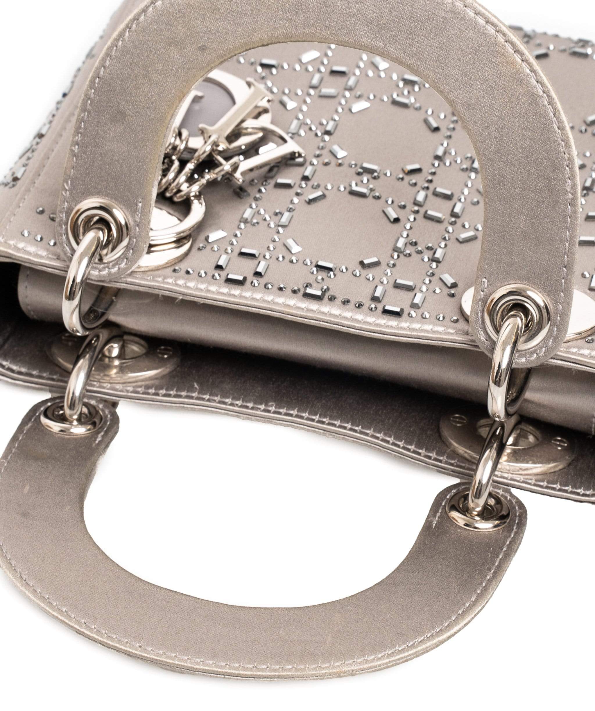 Christian Dior Lady Dior Mini in Silver Satin Bag with Crystal Details - AWL1627