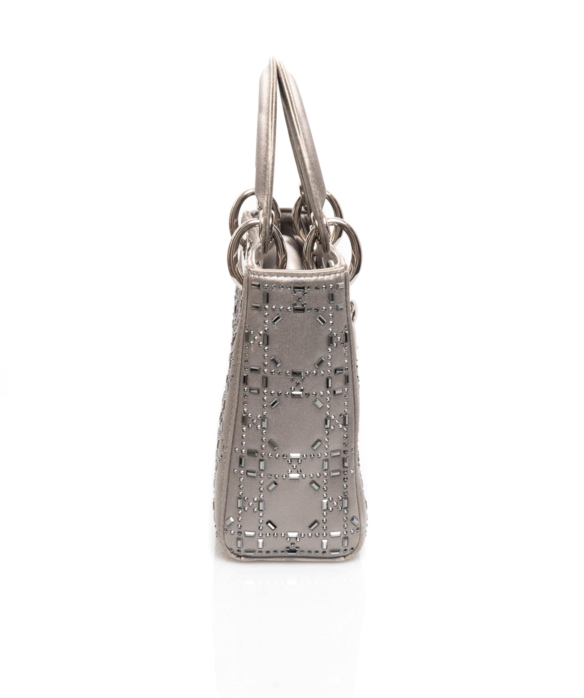 Christian Dior Lady Dior Mini in Silver Satin Bag with Crystal Details - AWL1627