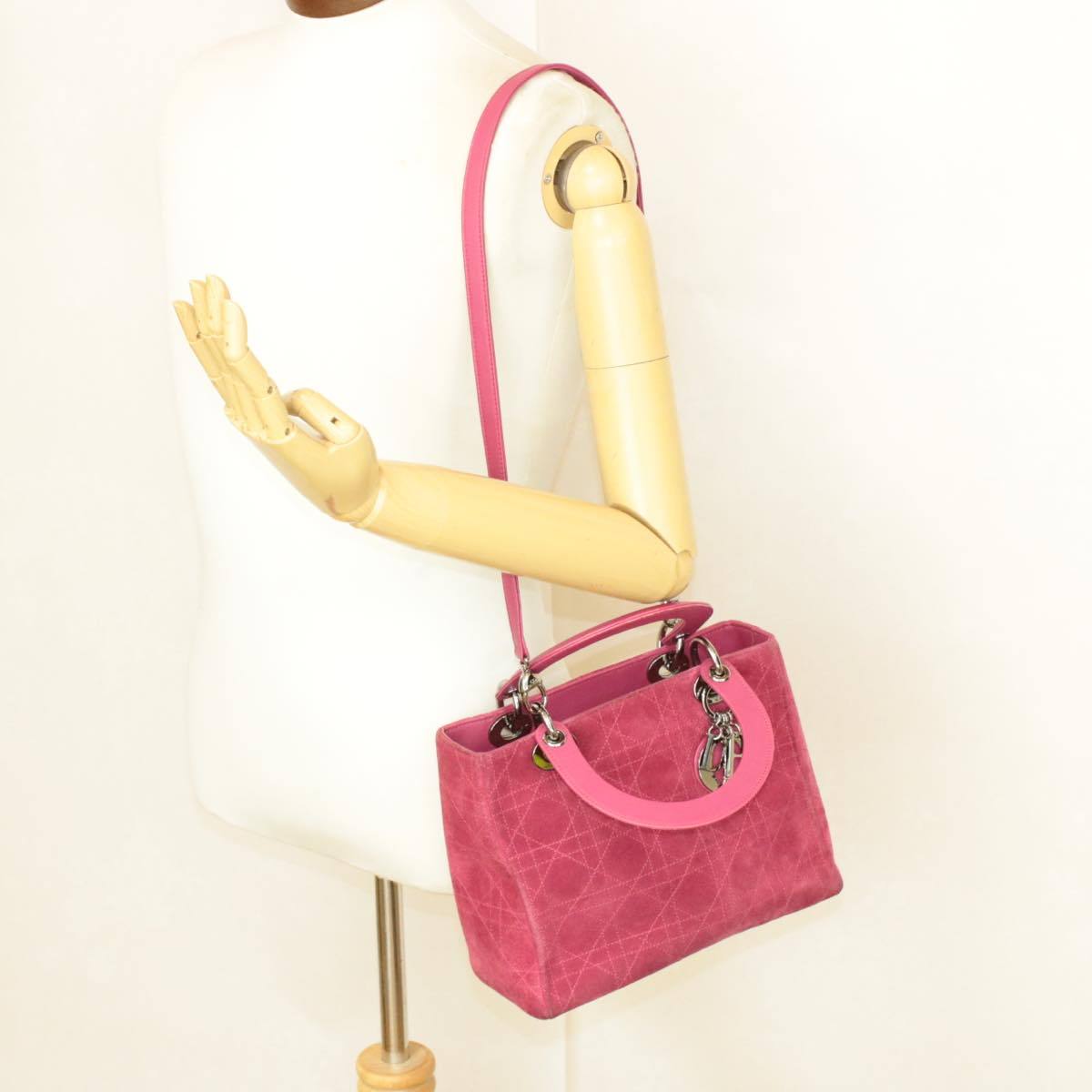 Christian Dior Lady Dior Pink Suede Bag with Shoulder Strap