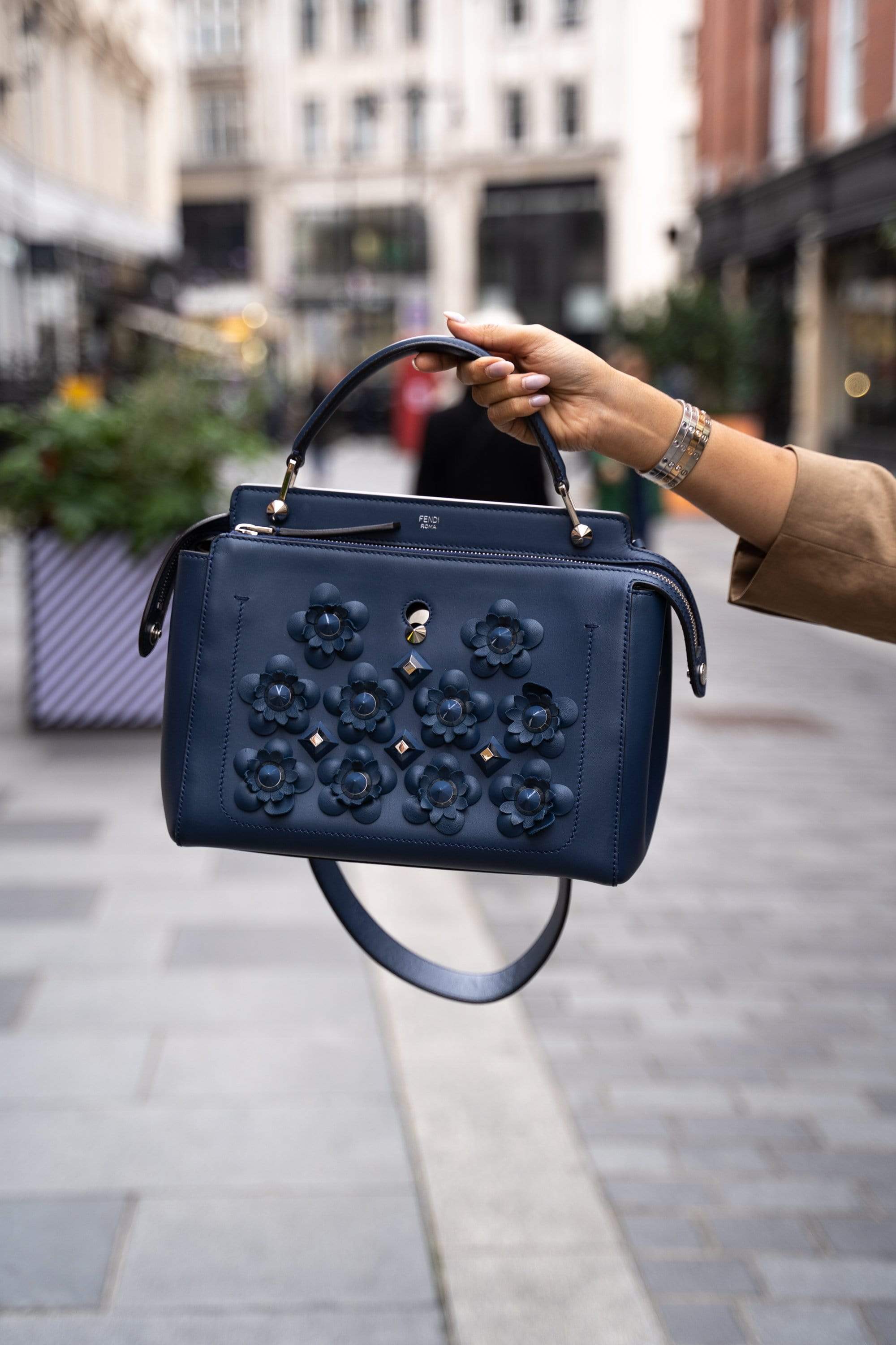 Fendi Fendi Navy Floral Detail Leather Dotcom Bag   - AGL1365