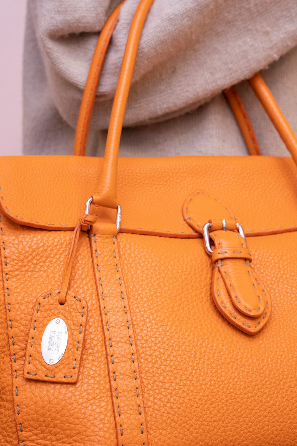 Fendi Fendi Orange Grained Leather Tote Bag - ADL1842