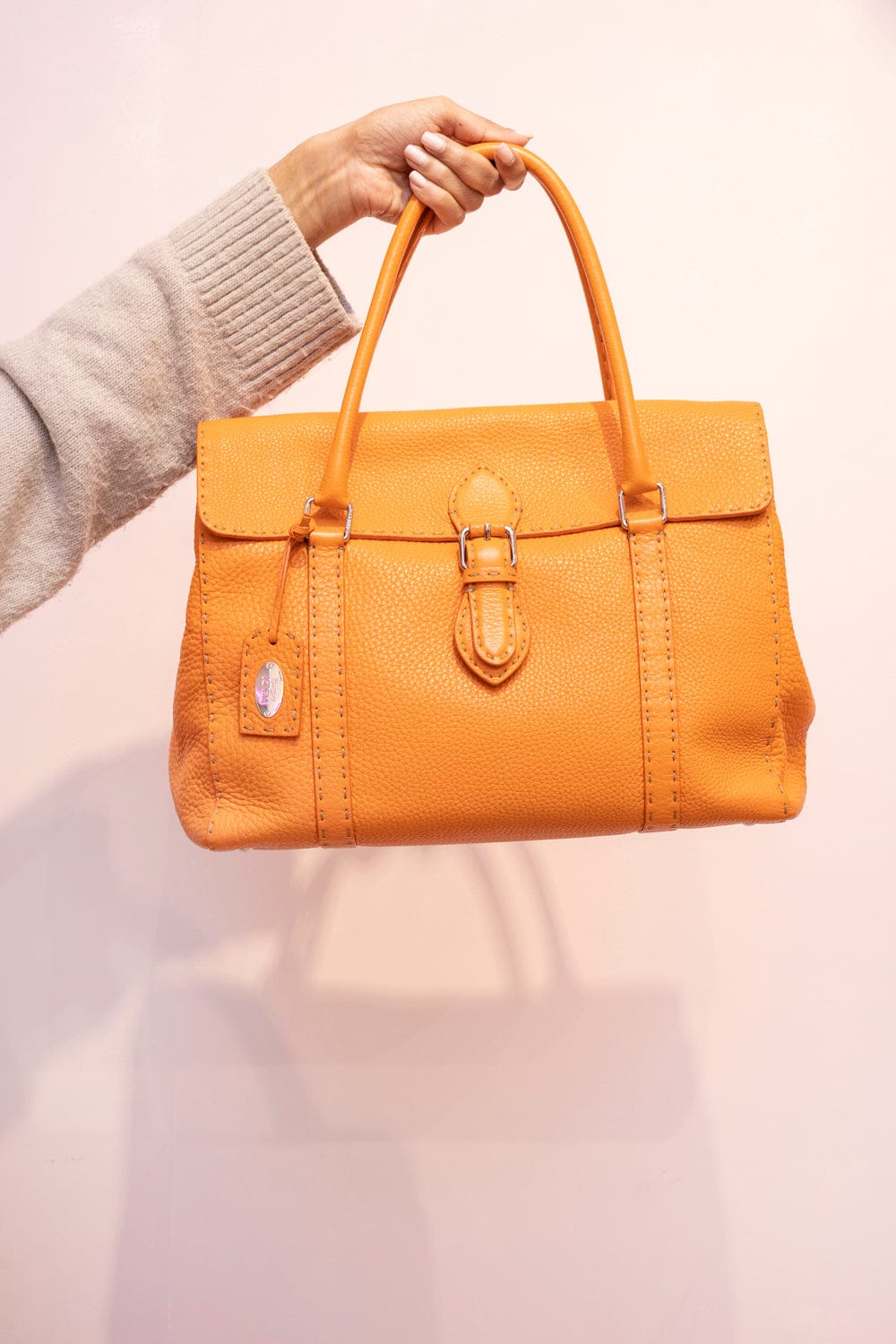 Fendi Fendi Orange Grained Leather Tote Bag - ADL1842