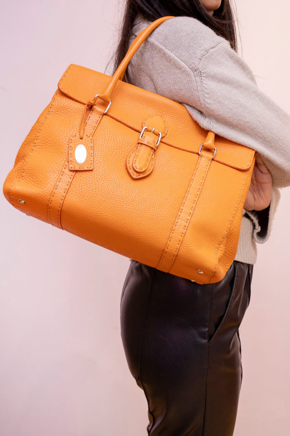 Fendi Fendi Orange Grained Leather Tote Bag - ADL1842