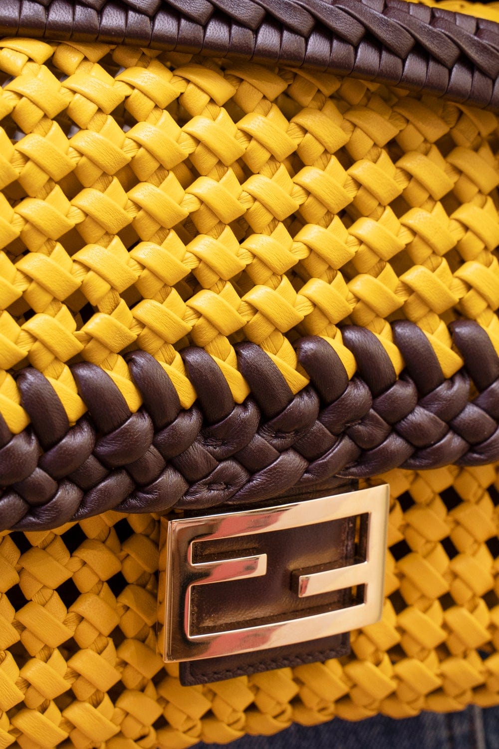 Fendi Fendi Yellow and Brown Woven Leather Baguette Bag - AGL1583